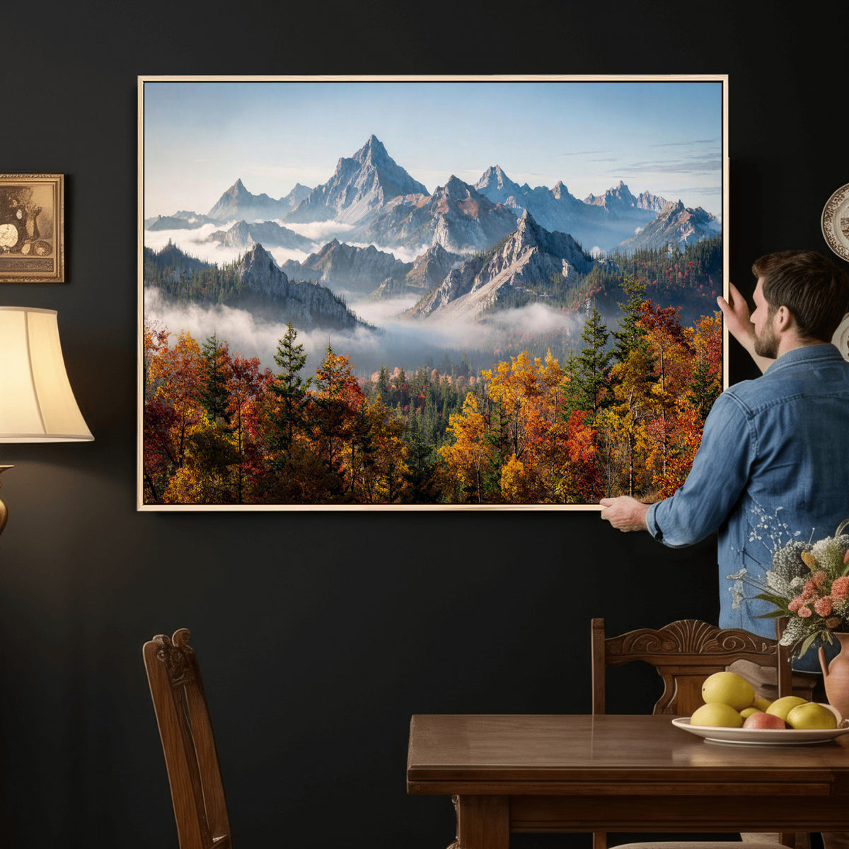 38847944-MGV-TP-30X20 - Majestic Mountain Peak Canvas Wall Art - Panoramic Autumn Forest Fog Landscape Print
