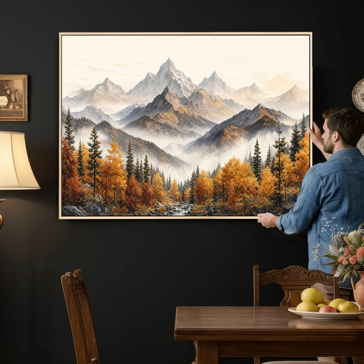 21309099-MGV-TP-30X20 - Extra Large Misty Mountain Autumn Forest Canvas Wall Art - Watercolor Fall Nature Landscape Print