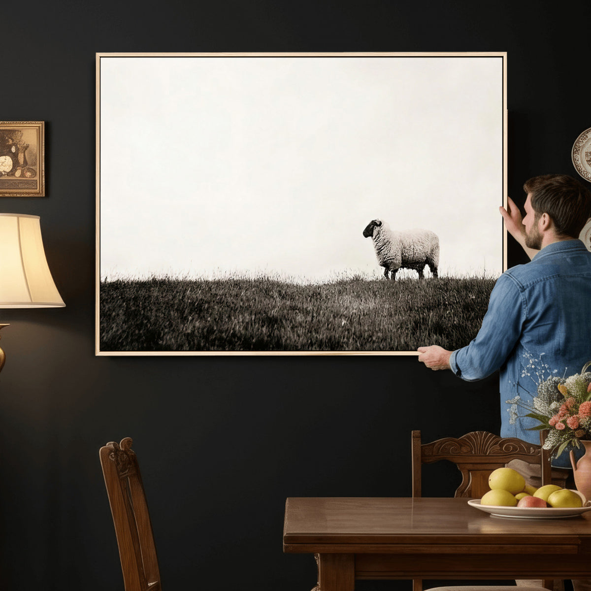 72749448-MGV-TP-30X20 - Minimalist Sepia Sheep Canvas Wall Art - Rustic Farmhouse Country Landscape Print