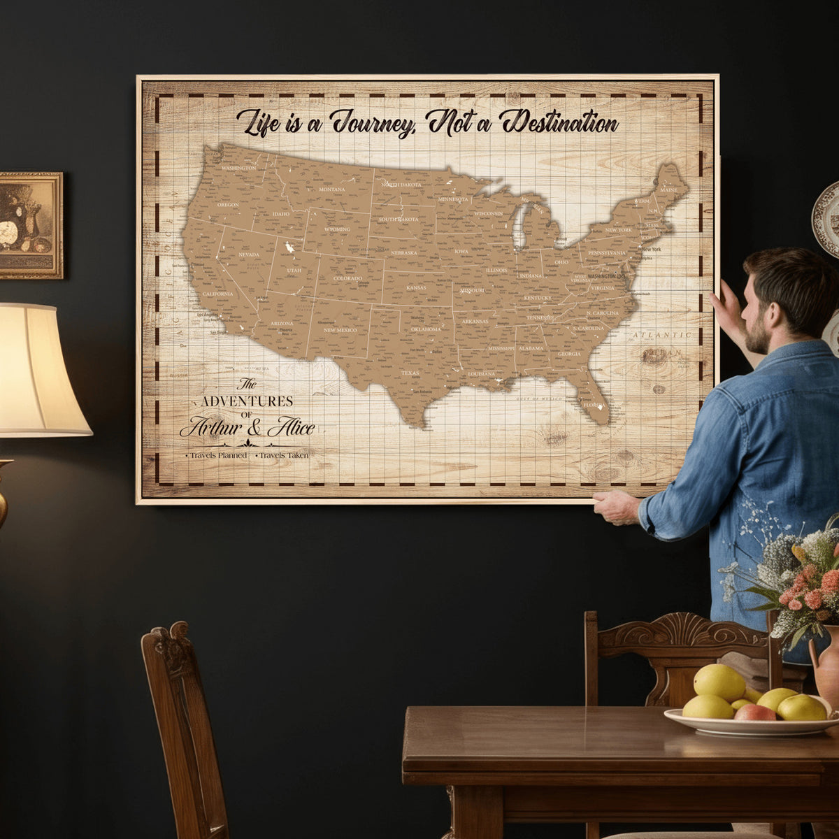 82934328-MGV-CV-36X24 - Custom USA Push Pin Travel Map Canvas Wall Art - Personalized Couples Gift Flat Digital Print