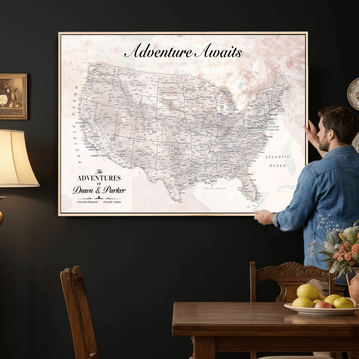 50687859-MGV-CV-36X24 - Custom USA Push Pin Travel Map Canvas Wall Art - Personalized Couples Gift Flat Digital Print