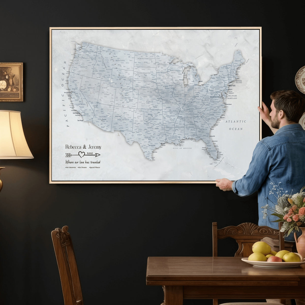 35973131-MGV-CV-36X24 - Custom USA Push Pin Travel Map Canvas Wall Art - Personalized Couples Gift Flat Digital Print