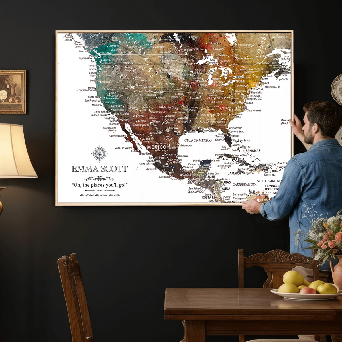 53374031-MGV-CV-36X24 - Custom USA Push Pin Travel Map Canvas Wall Art - Personalized Couples Gift Flat Digital Print