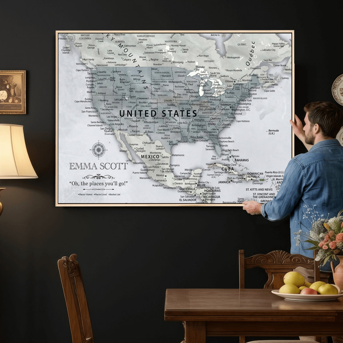 90686209D-MGV-CV-36X24 - Custom USA Push Pin Travel Map Canvas Wall Art - Personalized Couples Gift Flat Digital Print