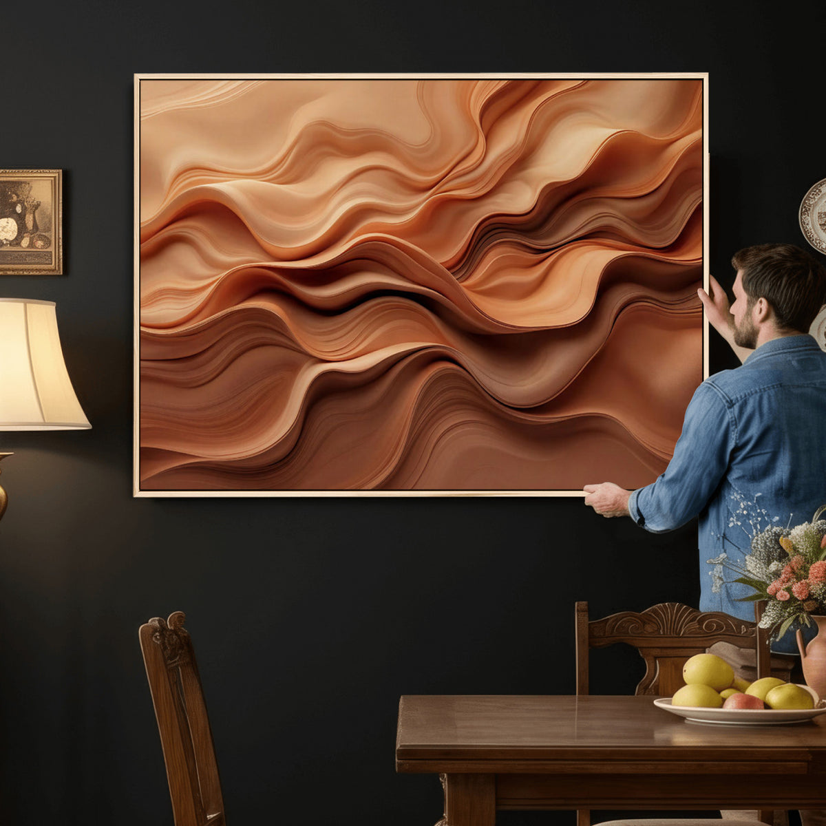 82230697-MGV-CV-36X24 - Modern Abstract Fluid Waves Canvas Wall Art - Minimalist Warm Terracotta Beige Sand Print