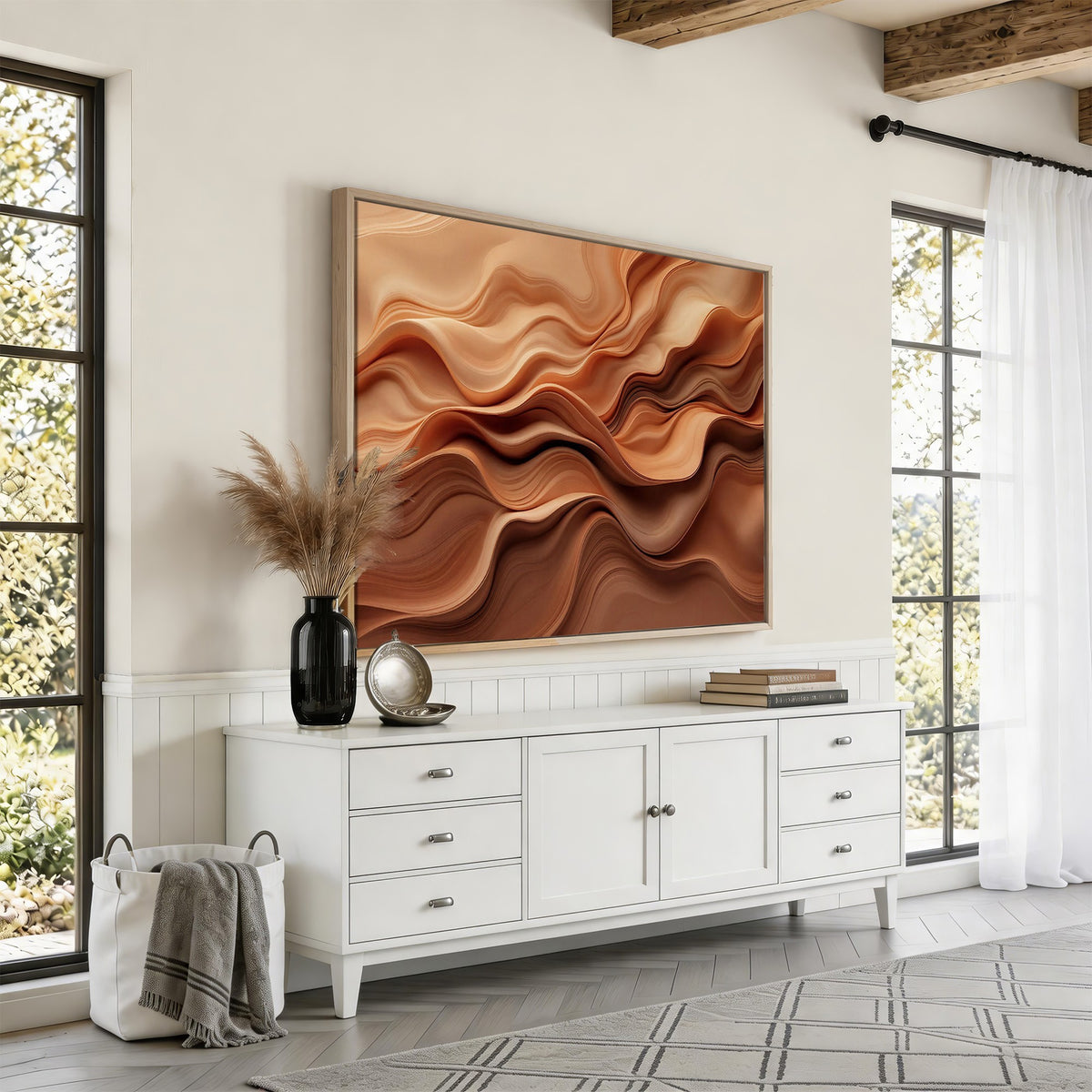 82230697-_Poster-30x20 - Modern Abstract Fluid Waves Canvas Wall Art - Minimalist Warm Terracotta Beige Sand Print
