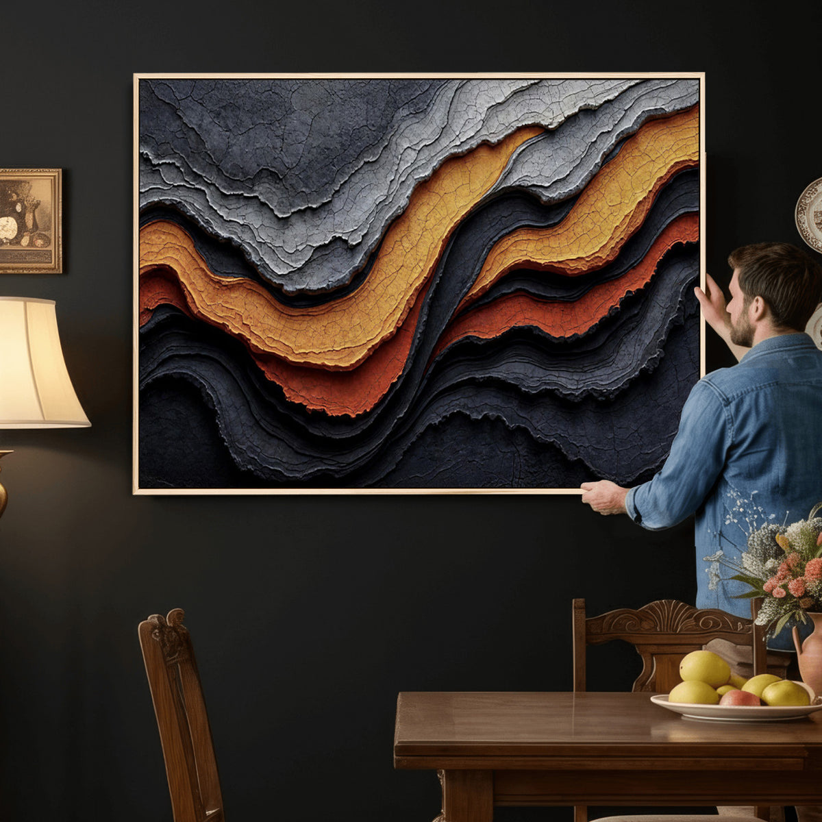 59852489-MGV-CV-36X24 - Abstract Waves Canvas Wall Art - Modern Terracotta and Charcoal Gray Print