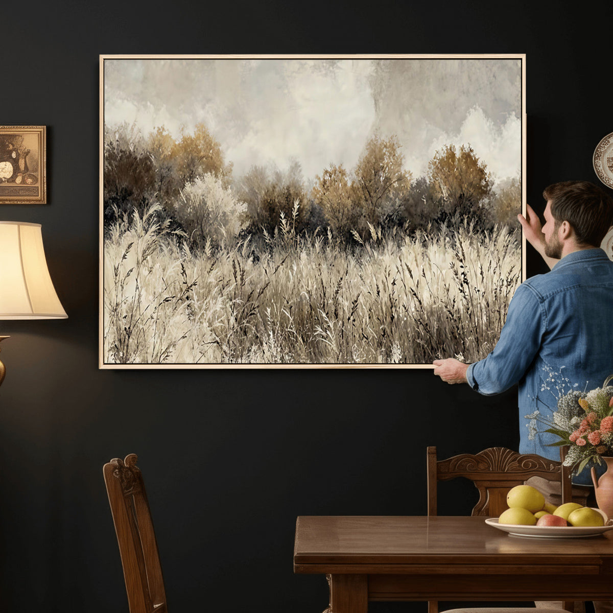 53959945-MGV-TP-30X20 - Muted Neutral Forest Landscape Canvas Wall Art - Vintage Rustic Wildflower Meadow Print