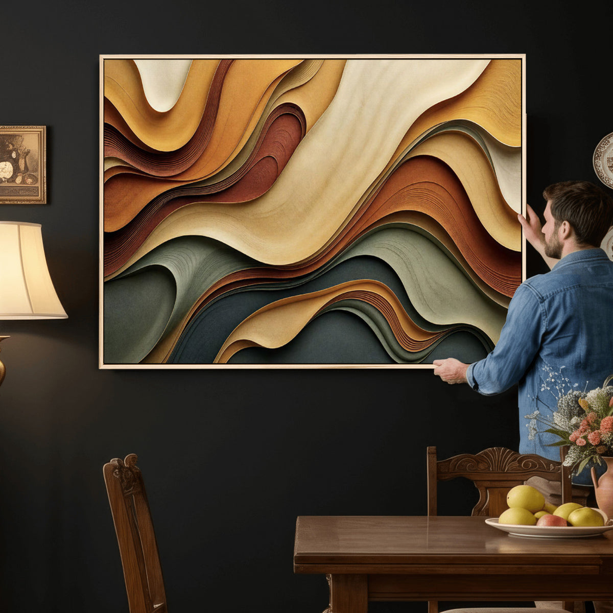 19337902-MGV-CV-36X24 - Modern Abstract Waves Canvas Wall Art - Minimalist Earthy Tone Living Room Decor