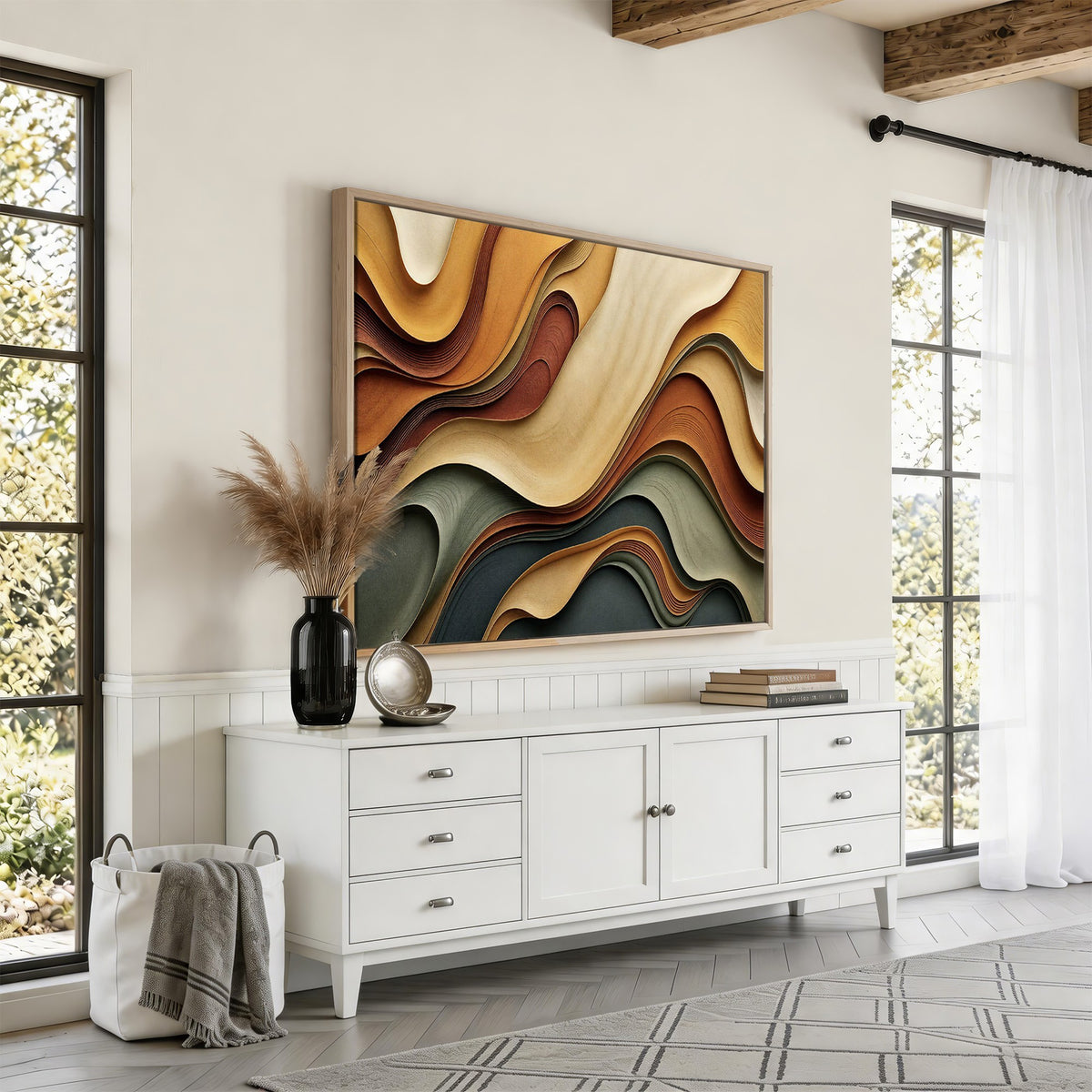 19337902-_Poster-30x20 - Modern Abstract Waves Canvas Wall Art - Minimalist Earthy Tone Living Room Decor