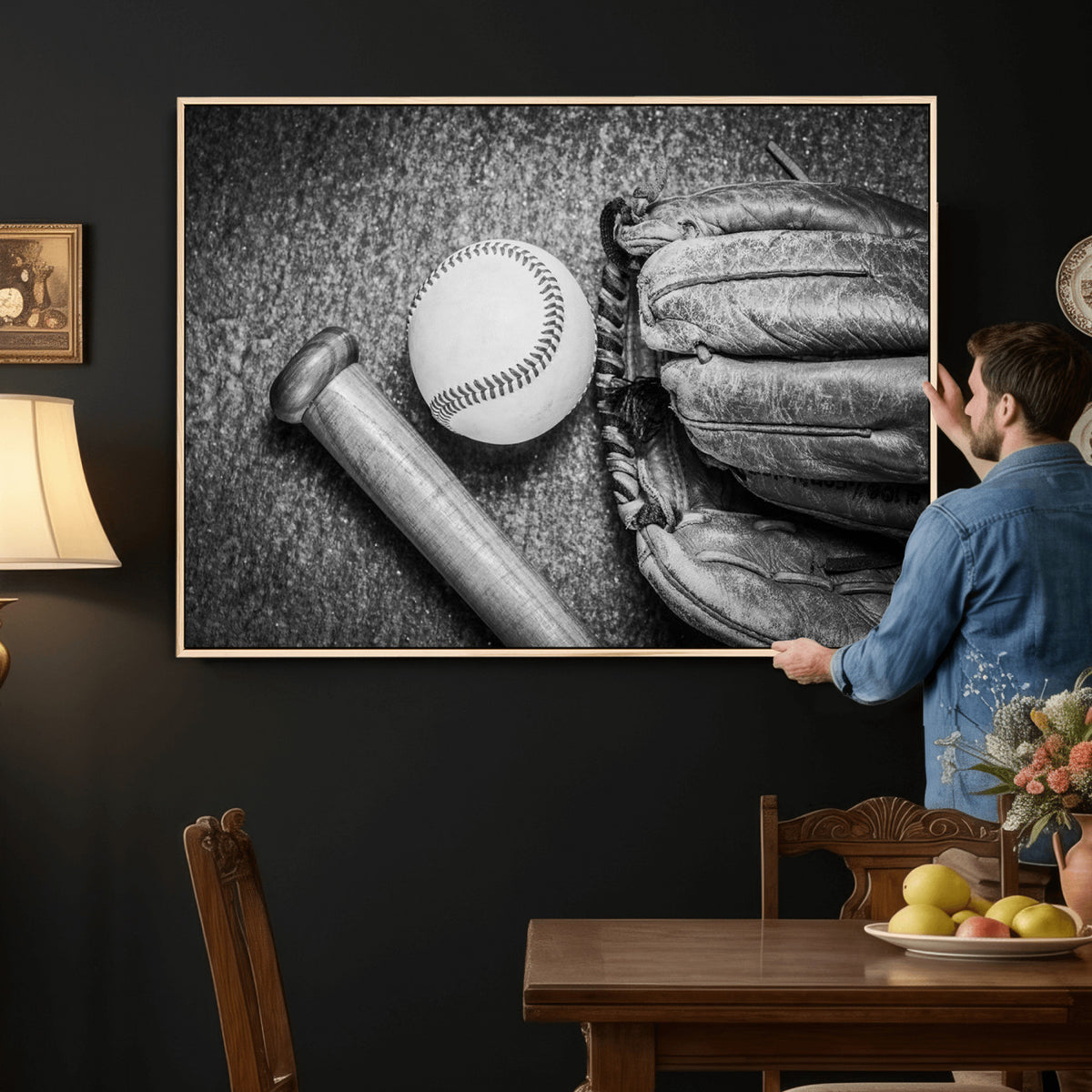 83916D-MGV-CV-36X24 - Vintage Baseball Glove and Bat Sports Wall Art Canvas Print
