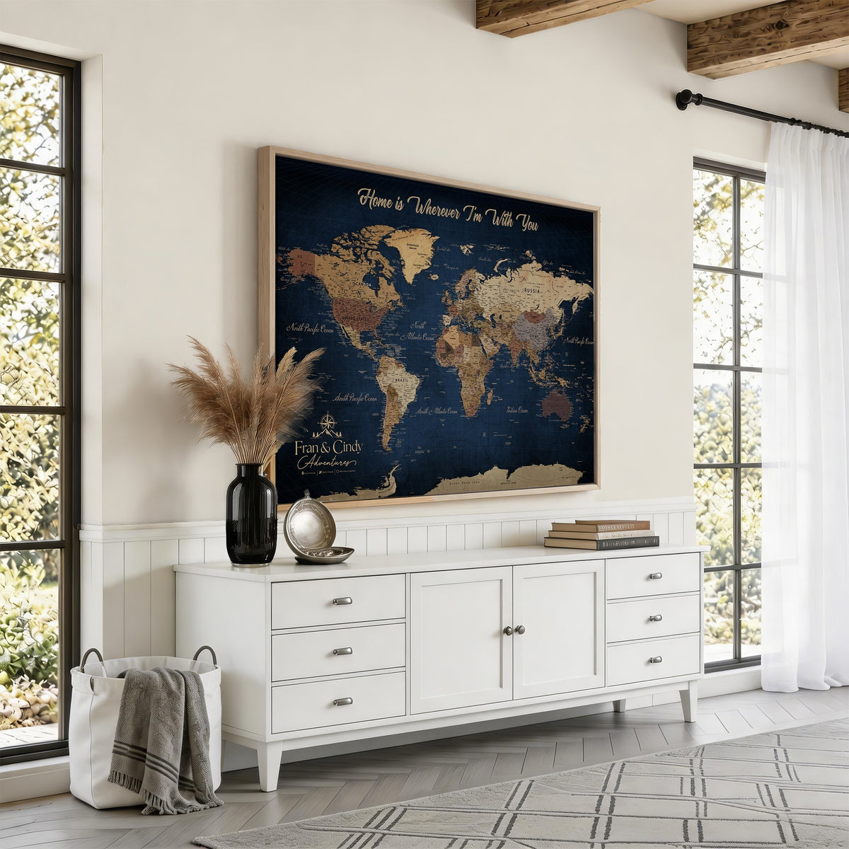 57774467-MGV-CV-36X24 - Custom Framed Deep Blue Geometric Push Pin World Map Wall Art, Next Trip Planner Map, Family Room and Hallway Decor