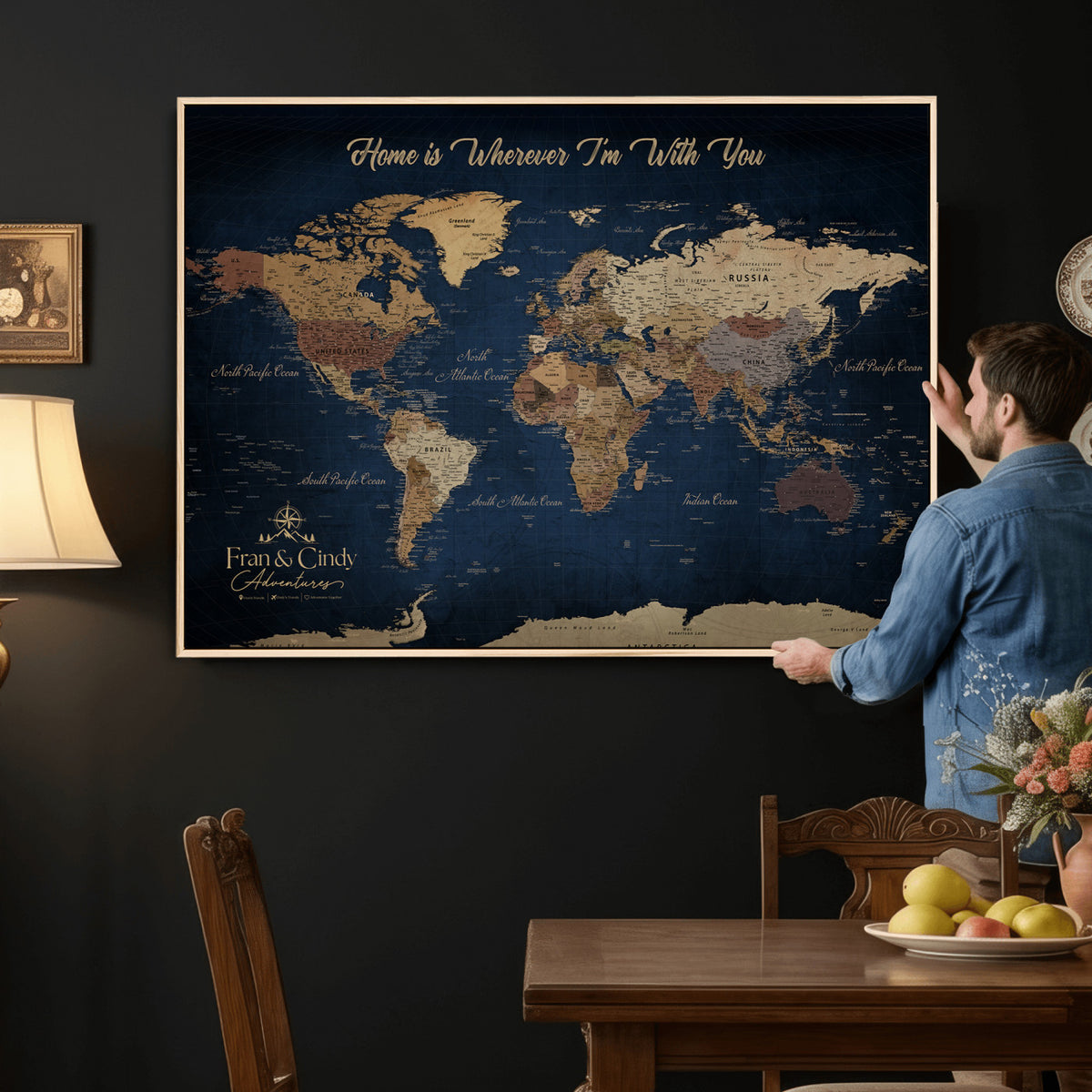 57774467-MGV-CV-36X24 - Custom Push Pin World Map Wall Art Canvas Print – Personalized Travel Tracker with Pins Framed Large for Home and Office Decor