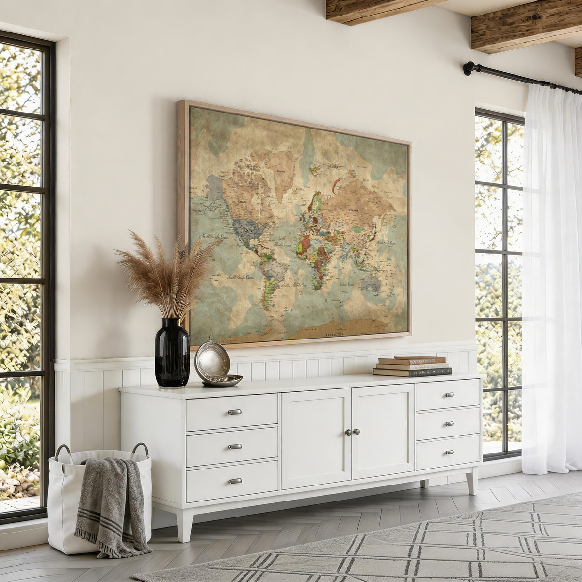 20795898D-MGV-CV-36X24 - Custom Push Pin World Map Wall Art Canvas Print – Personalized Travel Tracker with Pins Framed Large for Home and Office Decor