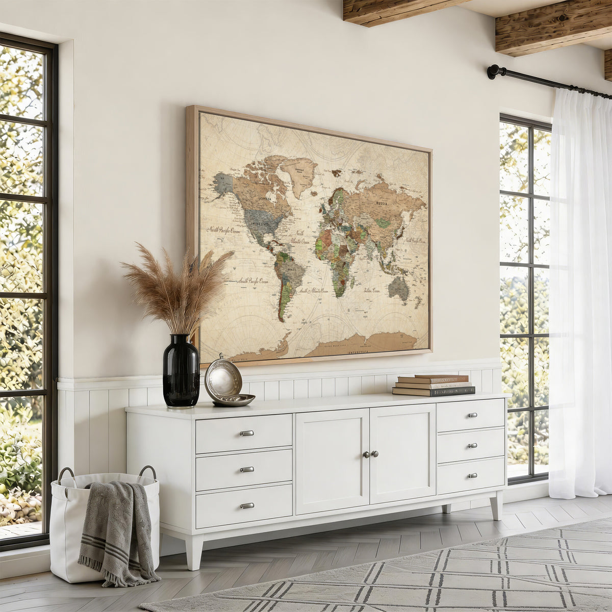 32749414D-MGV-CV-36X24 - Custom Push Pin World Map Wall Art Canvas Print – Personalized Travel Tracker with Pins Framed Large for Home and Office Decor