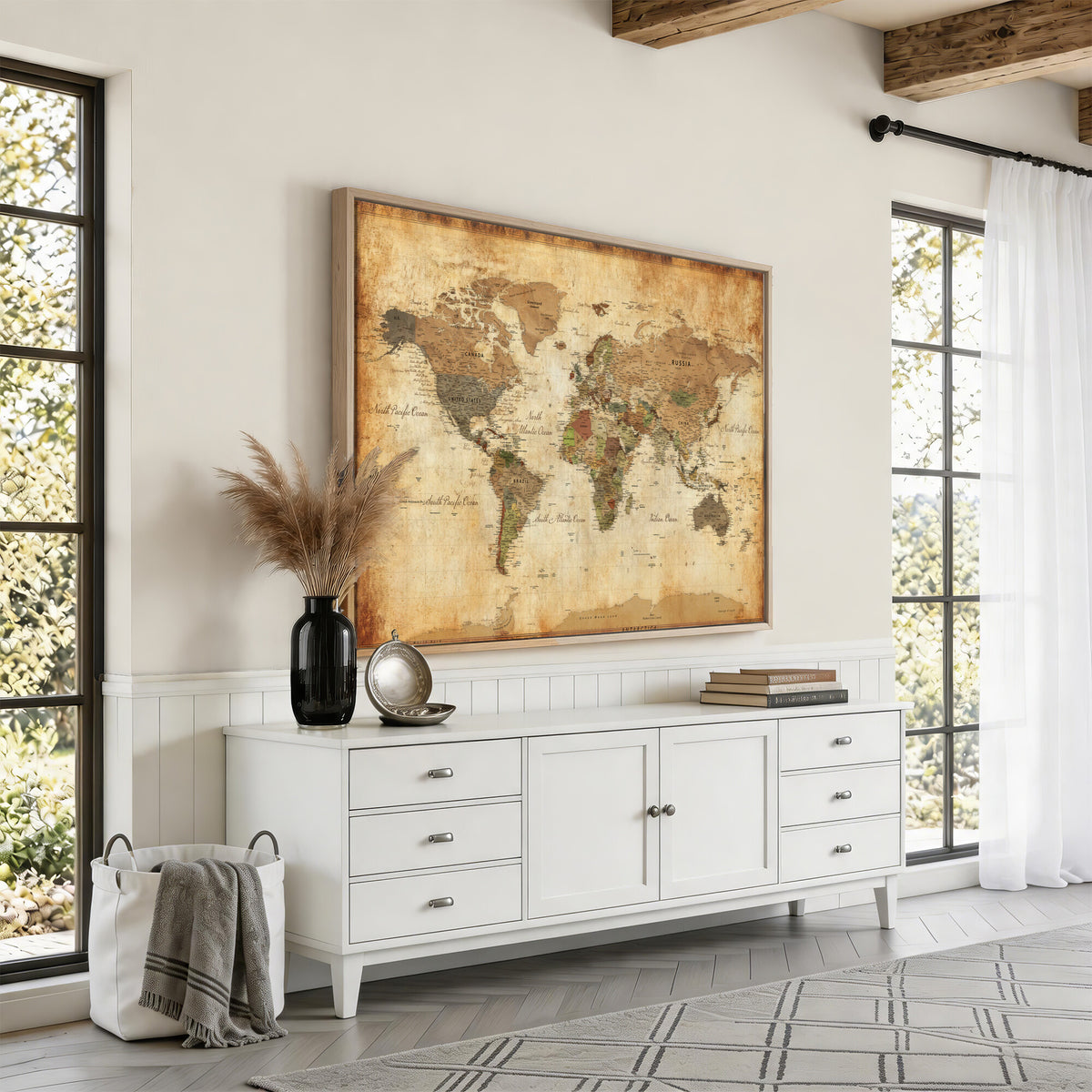 26621467D-MGV-CV-36X24 - Custom Push Pin World Map Wall Art Canvas Print – Personalized Travel Tracker with Pins Framed Large for Home and Office Decor