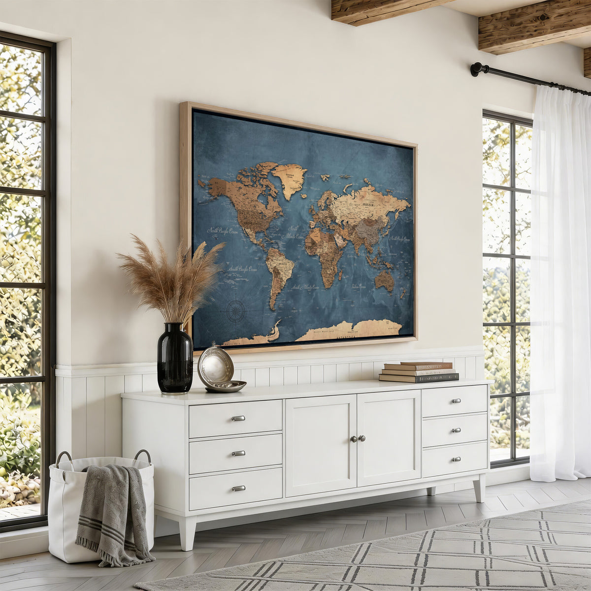 81949666D-MGV-CV-36X24 - Custom Push Pin World Map Wall Art Canvas Print – Personalized Travel Tracker with Pins Framed Large for Home and Office Decor