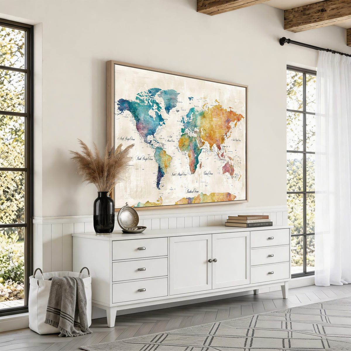 53654999D-MGV-CV-36X24 - Custom Push Pin World Map Wall Art Canvas Print – Personalized Travel Tracker with Pins Framed Large for Home and Office Decor