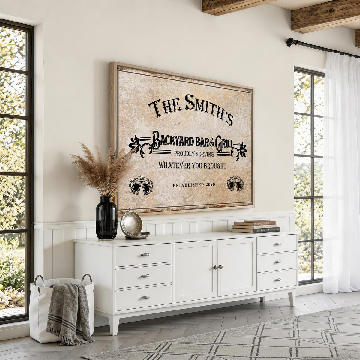 Custom Backyard Bar & Grill Sign, Personalized Family Name Arch Canvas