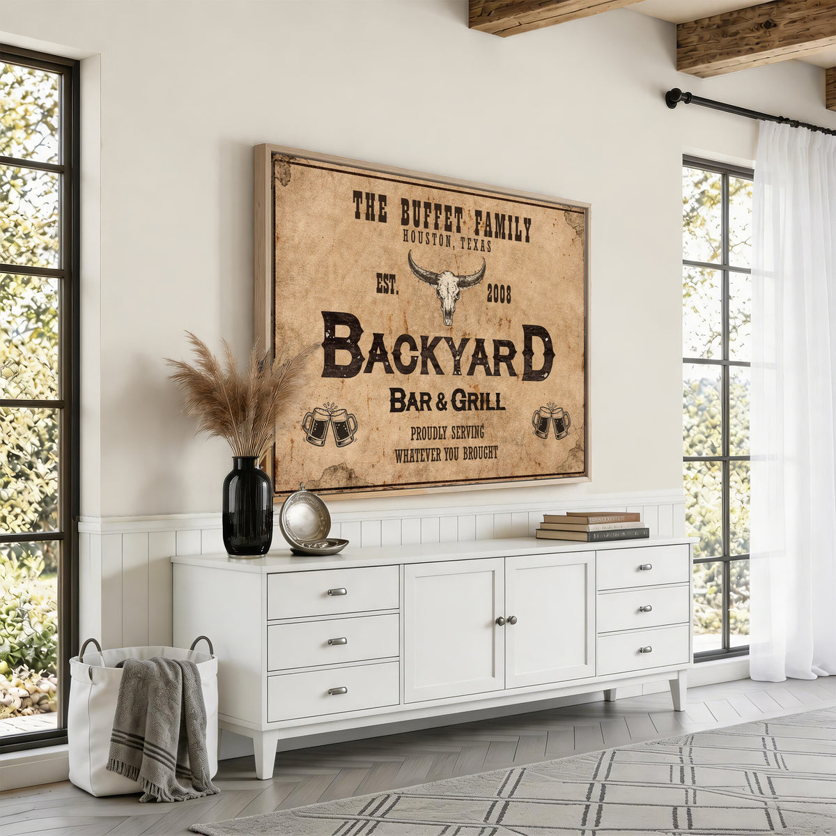 Custom Backyard Bar & Grill Sign Canvas, Personalized Family Name Sign
