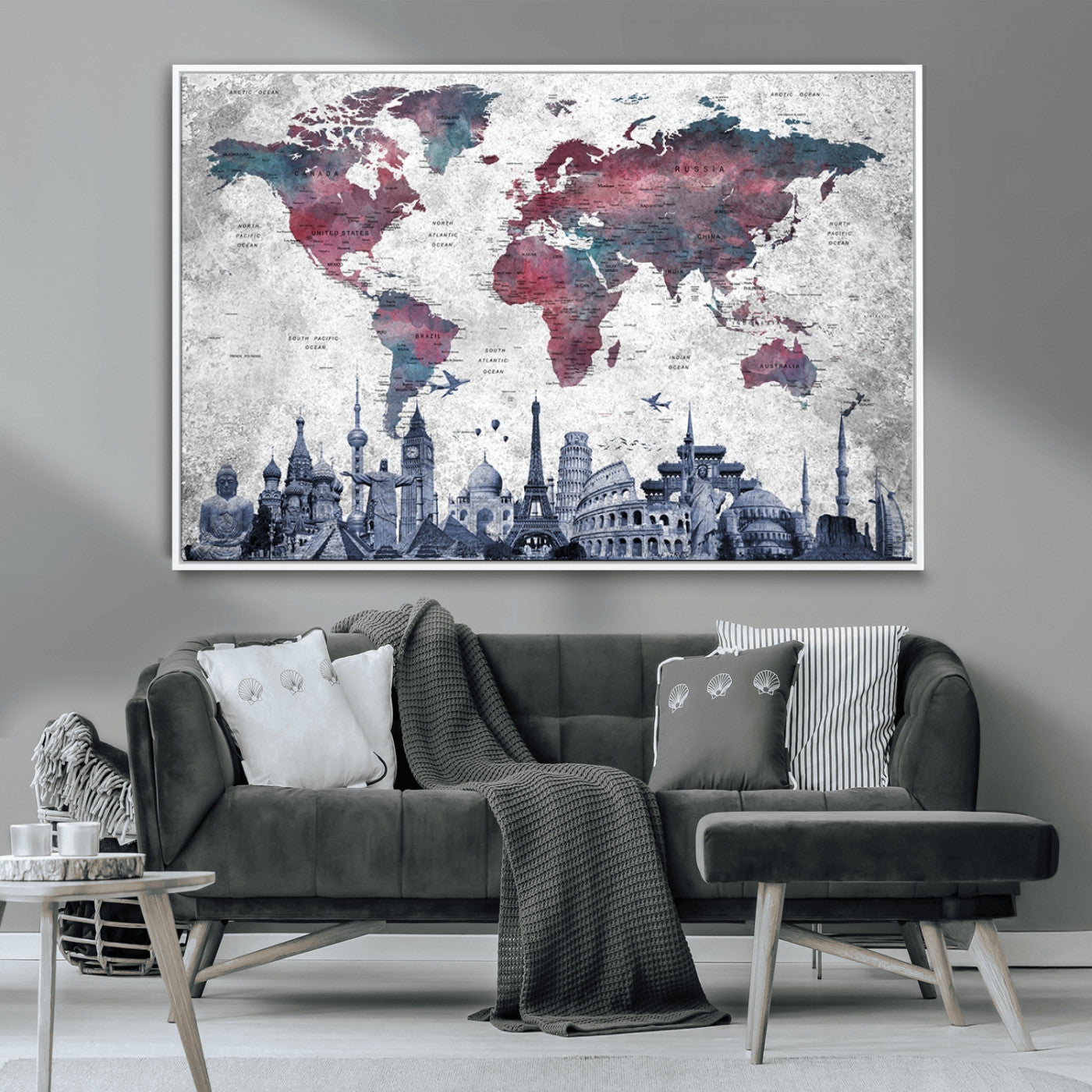 MGV-FC-36X24 - Push Pin World Map Canvas Print – Framed Wall Art for Couples to Track Their Travels – Anniversary