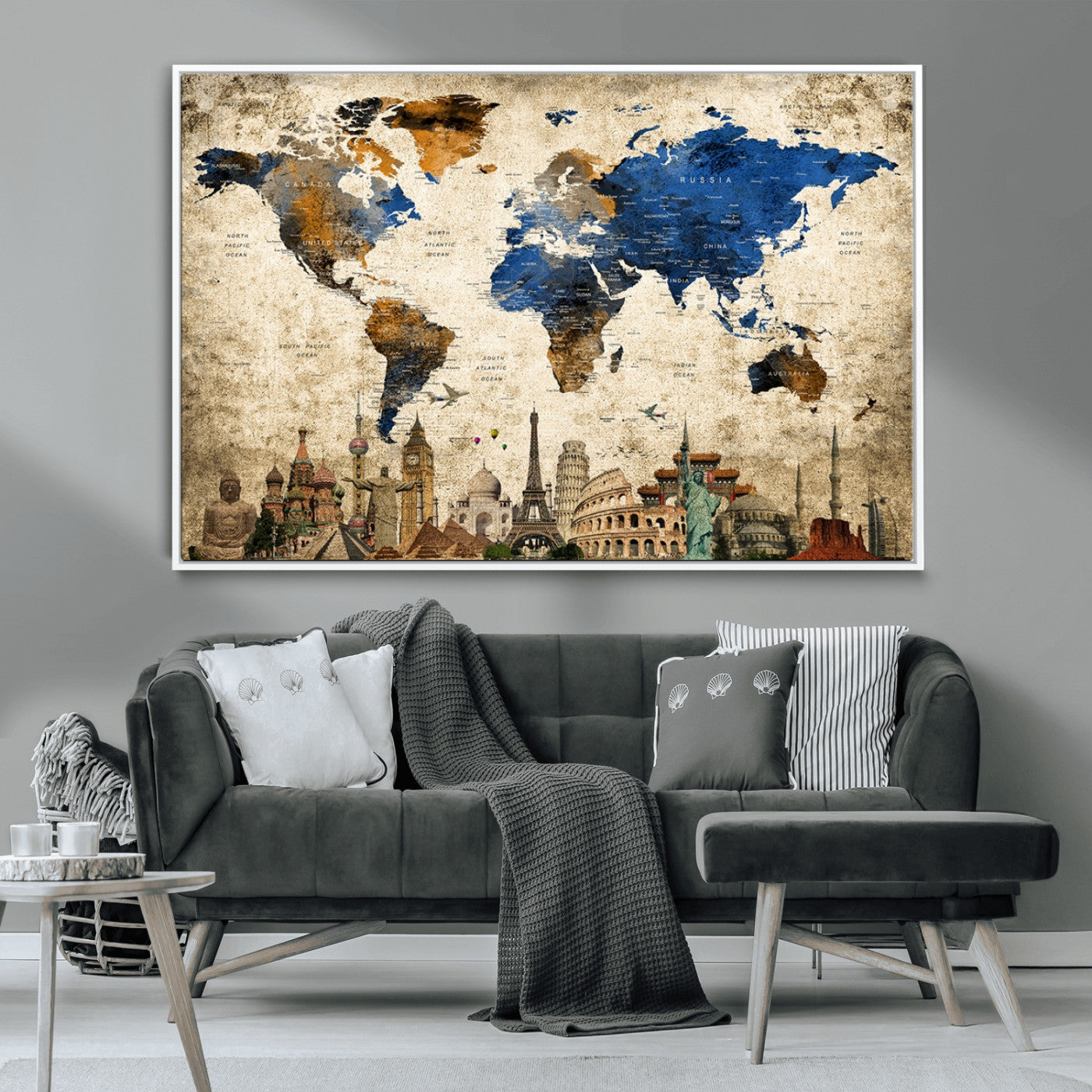 MGV-FC-36X24 - Push Pin World Map Canvas Print – Framed Wall Art for Couples to Track Their Travels – Anniversary