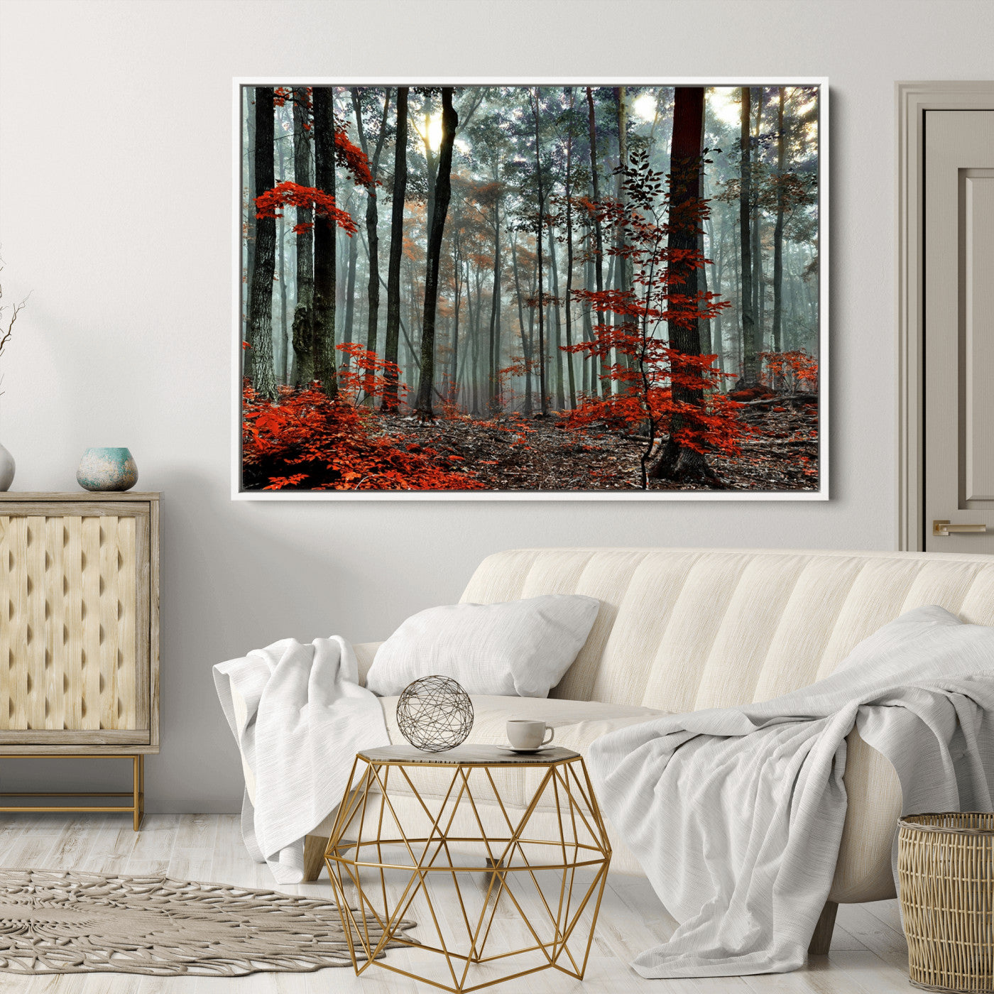 59209-MGV-CV-36X24-Autumn Forest Canvas Wall Art – Enchanting Red Leaves Triptych Print – Nature-Inspired Decor for Living Room or Office – Ready to Hang