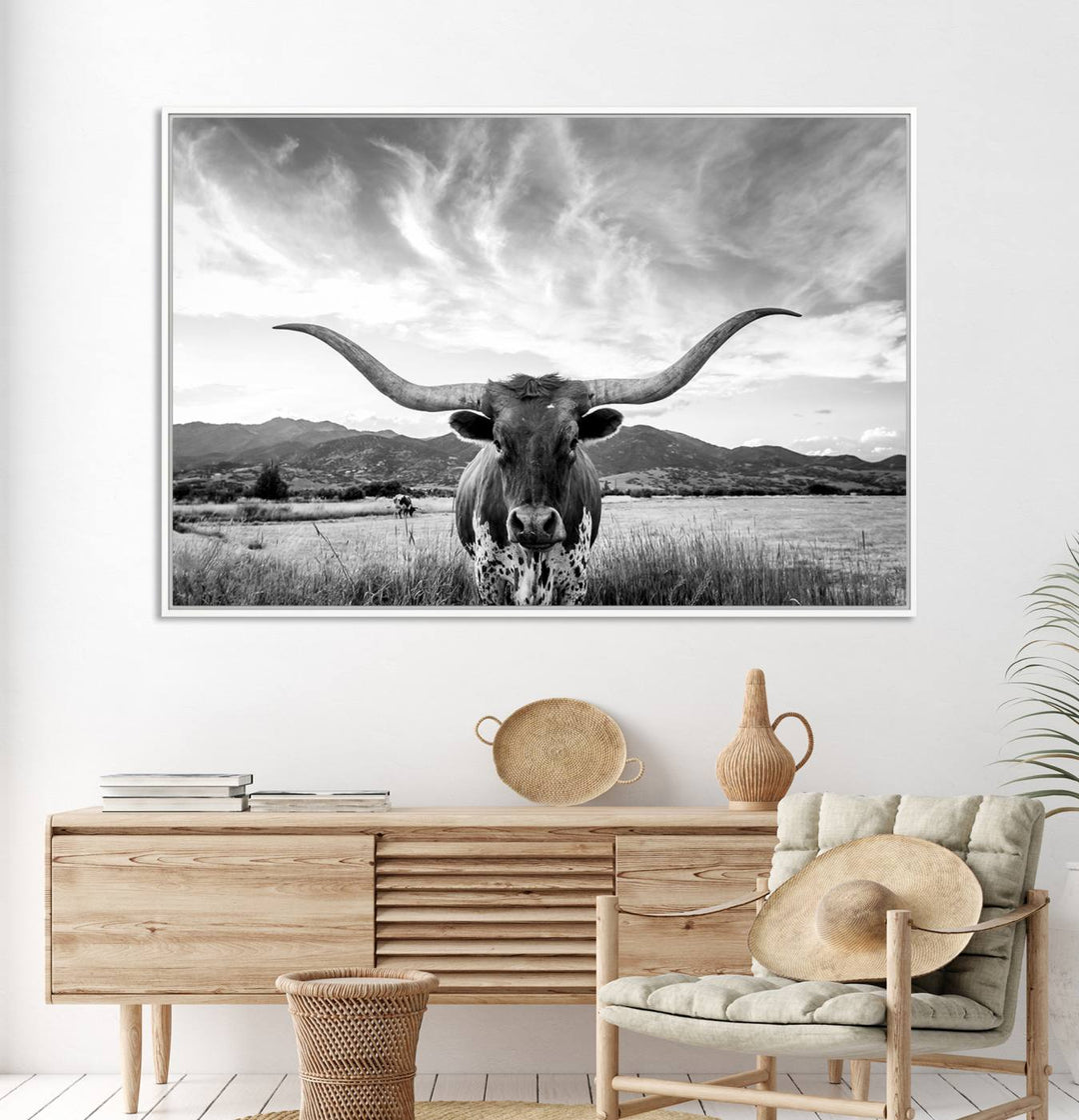 Modern living room featuring Longhorn Cow Wall Art Canvas Print.