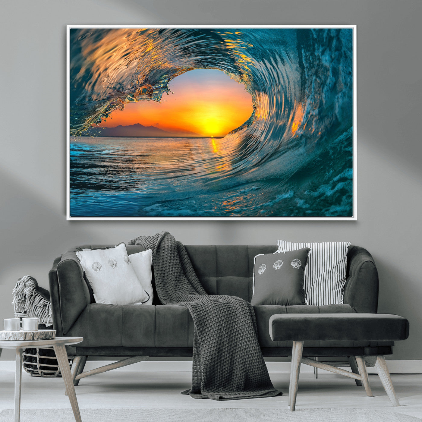 MGV-FC-36X24 - Ocean Wave Sunset Wall Art | Large Coastal Wave Canvas Print | 3-Panel Ocean Sunset Seascape for