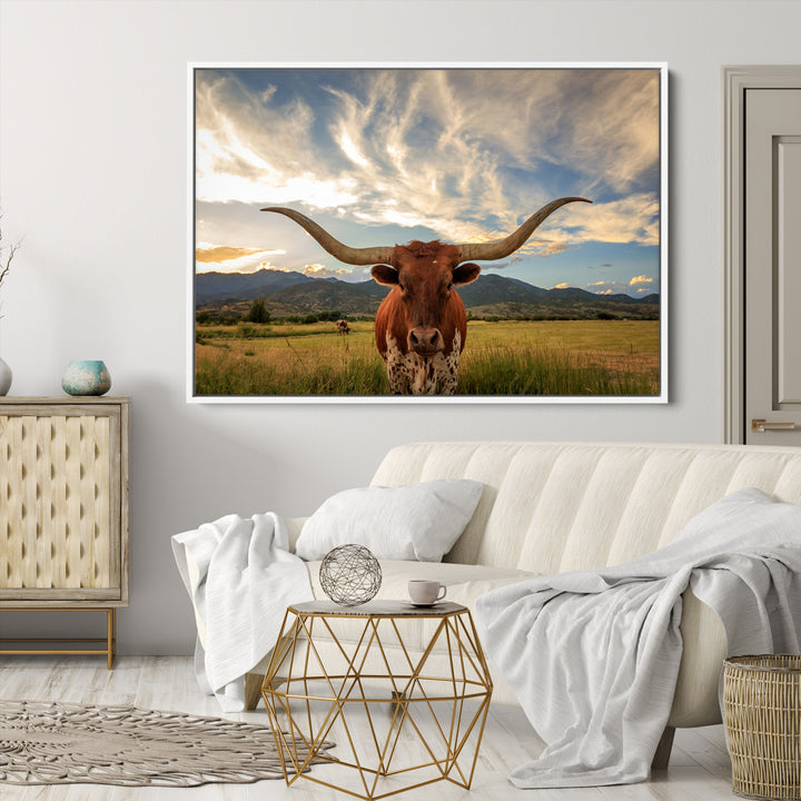 Texas Longhorn Canvas Wall Art – Majestic Triptych Animal Print – Rustic Western Decor for Living Room or Office – Ready to Hang