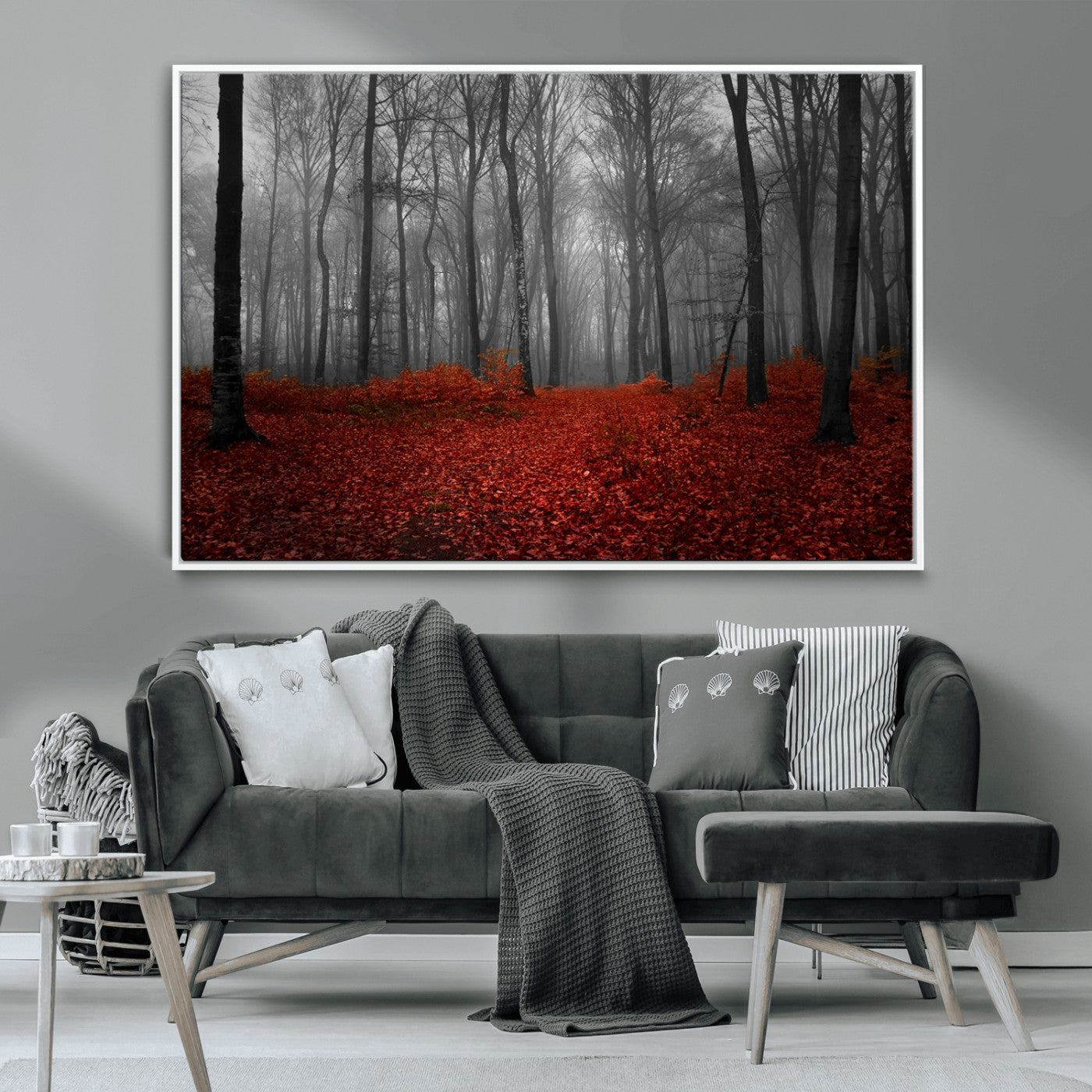 -Red Forest Floor Canvas Wall Art – Mystical Foggy Woodland Triptych – Nature-Inspired Decor for