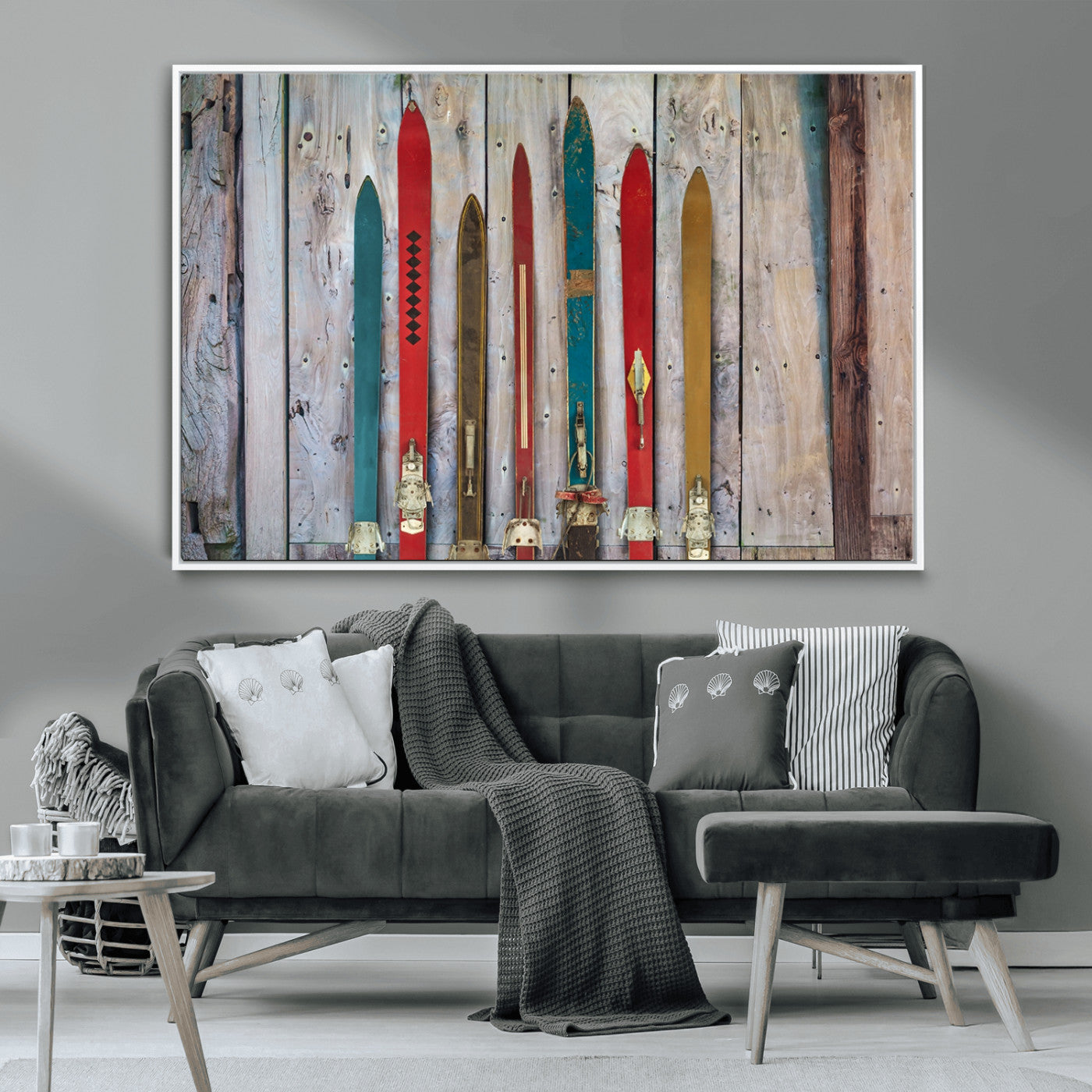 MGV-FC-36X24 - Vintage Wooden Weathered Ski's in Front of an Old Barn Wall Art Canvas Print for Farmhouse, Cabin