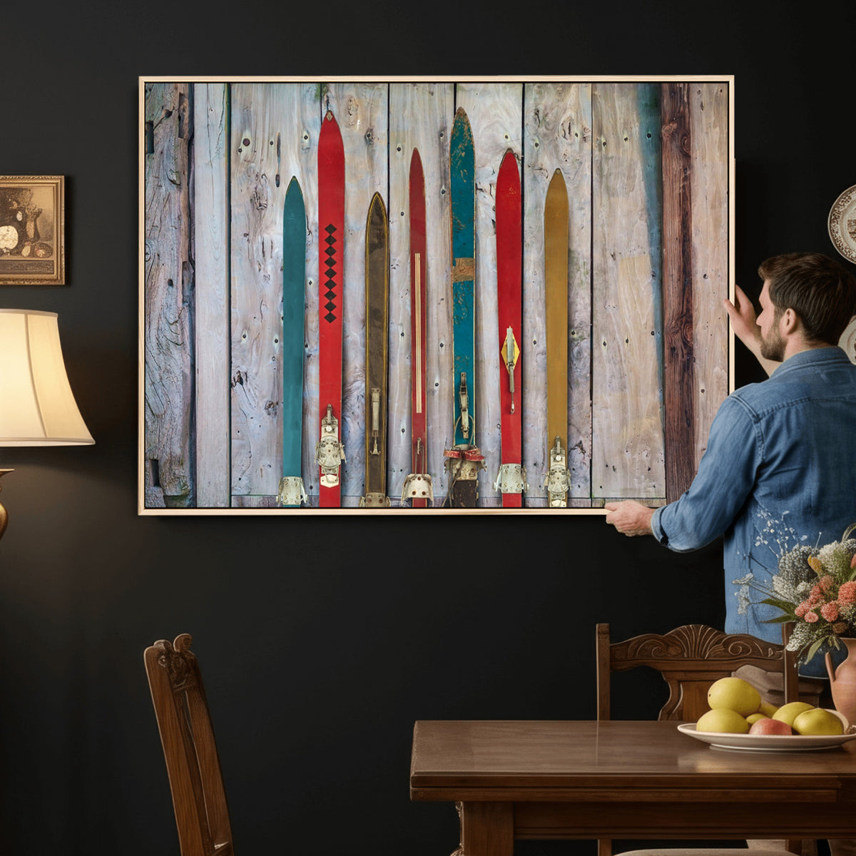 30640-MGV-CV-36X24 - Vintage Wooden Weathered Skis in Front of an Old Barn Wall Art Canvas Print