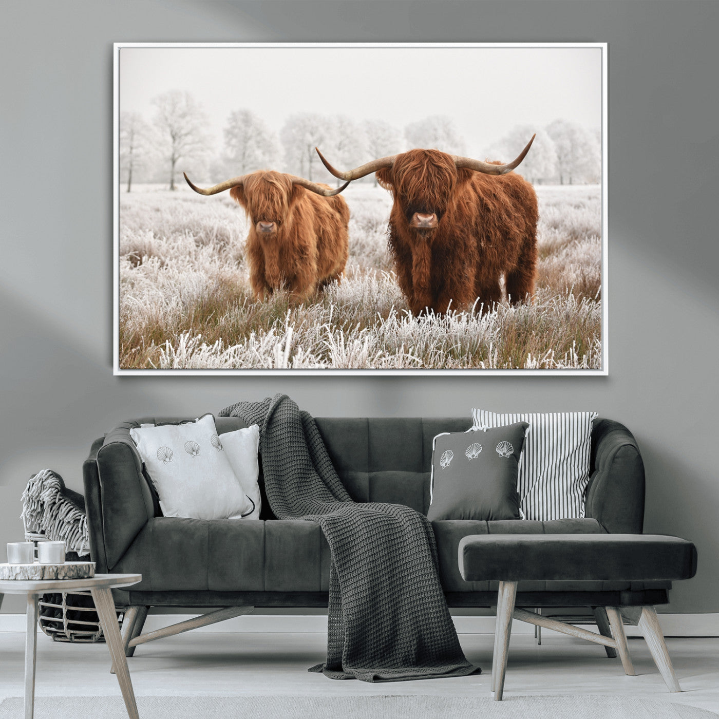 MGV-FC-36X24 - Longhorn Cattle Wall Art Canvas Print, Framed Farmhouse Style Art Picture Print, Rustic Cow Perfect Rustic Farmhouse Decor Artwork