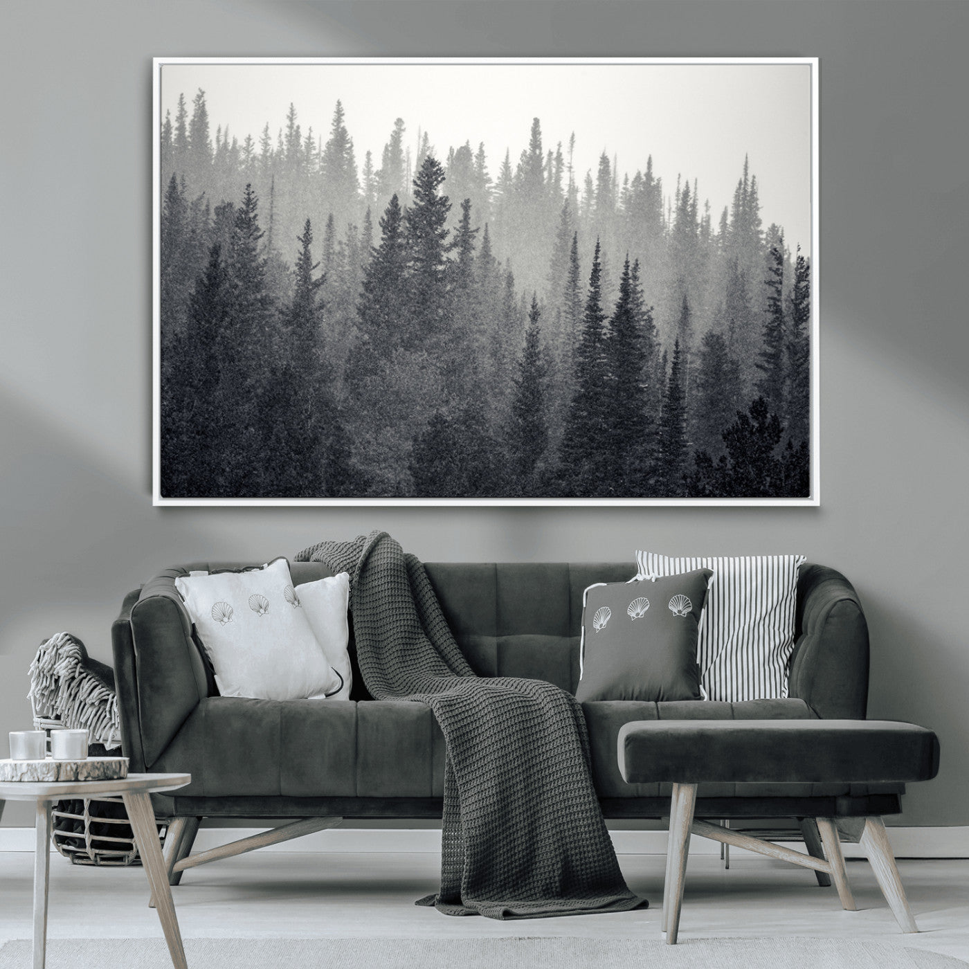 MGV-FC-36X24 - Misty Forest Canvas Wall Art – Monochrome Triptych Pine Tree Print – Nature-Inspired Home Decor –