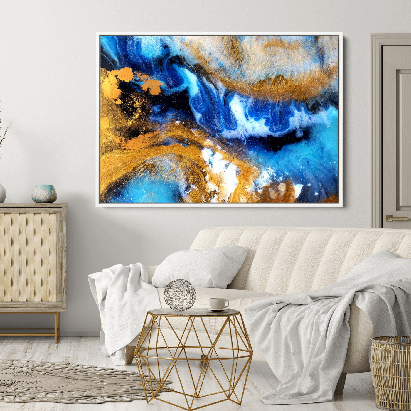 42100-MGV-CV-36X24-Blue Orange Marble Fluid Effect Canvas Wall Art Print
