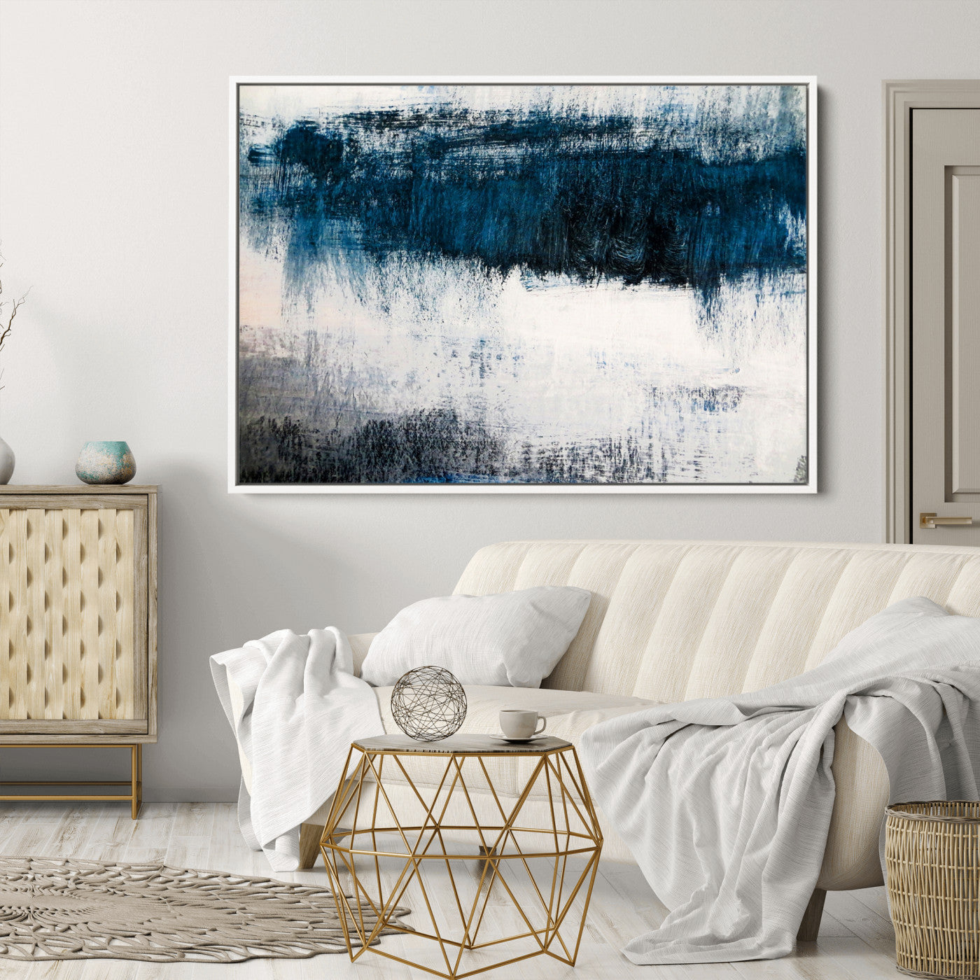 38954-MGV-CV-36X24-Abstract Blue and White Canvas Art | Large Wall Art for Modern Living Room Decor | Minimalist Brushstroke Painting on Canvas