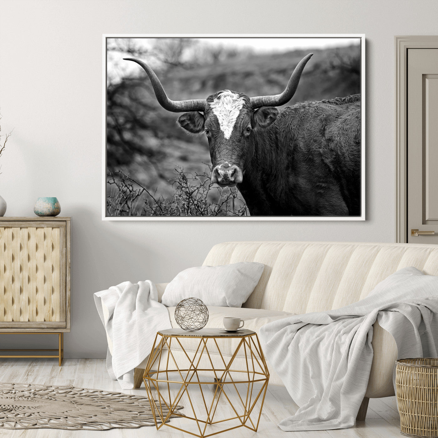 76200-MGV-CV-36X24-Western Home Wall Art Canvas Print, Framed Texas Longhorn Art Picture Print, Rustic Cow Perfect Rustic Farmhouse Decor Artwork
