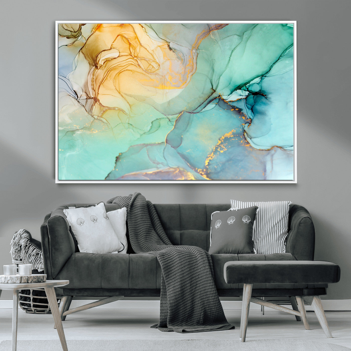 MGV-FC-36X24 - Abstract Aqua and Gold Fluid Wall Art Canvas | 3 Panel Large Canvas Print for Living Room, Office,