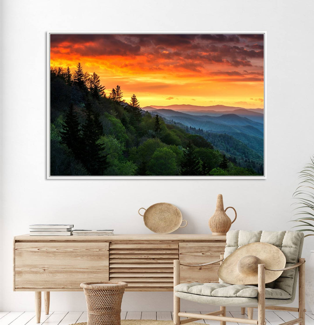 The Great Smoky Mountains Sunset Wall Art, a 3-panel print, beautifully captures natures beauty and is perfect for living room or office decor.