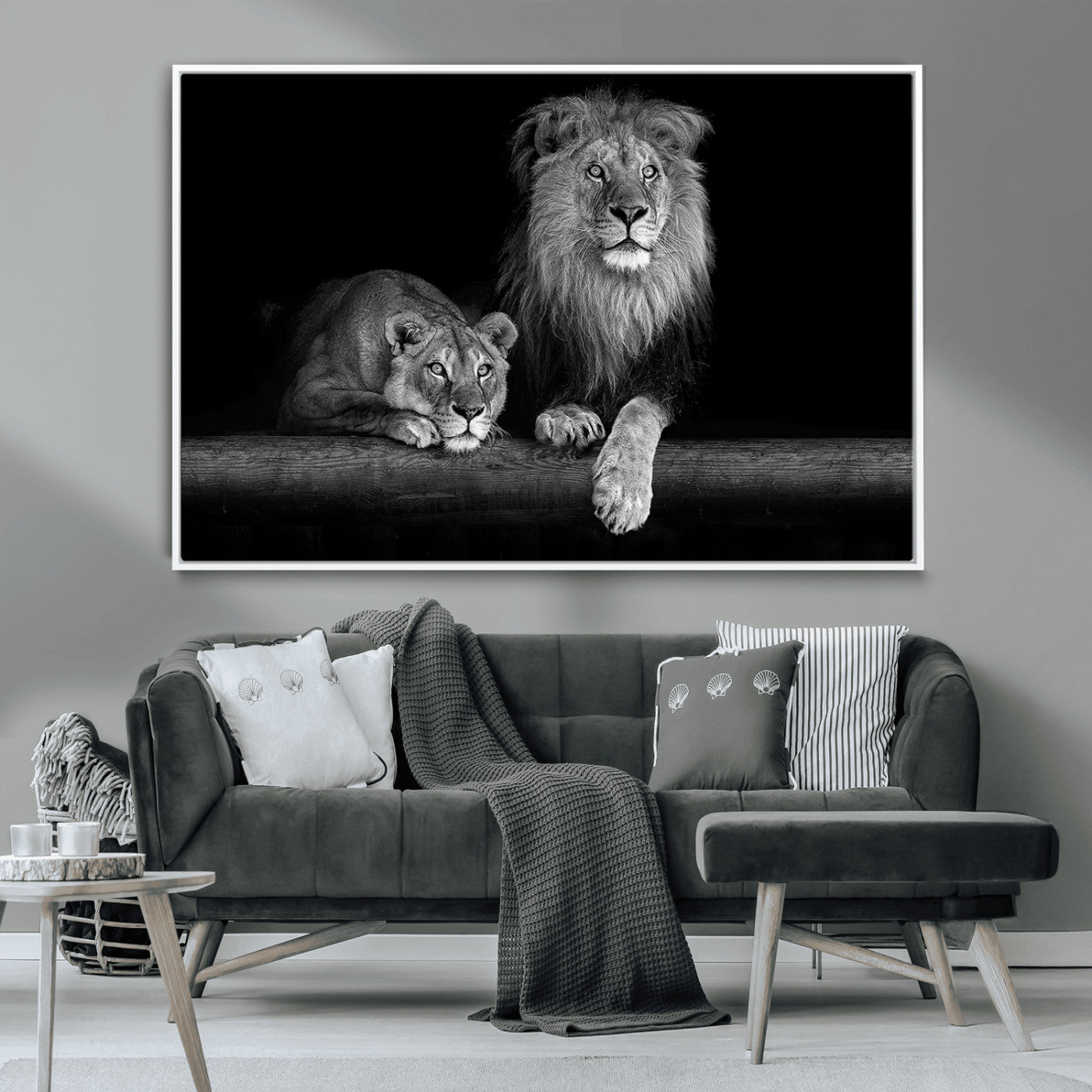 MGV-FC-36X24 - Large Black and White Lion Couple Wall Art Canvas Print