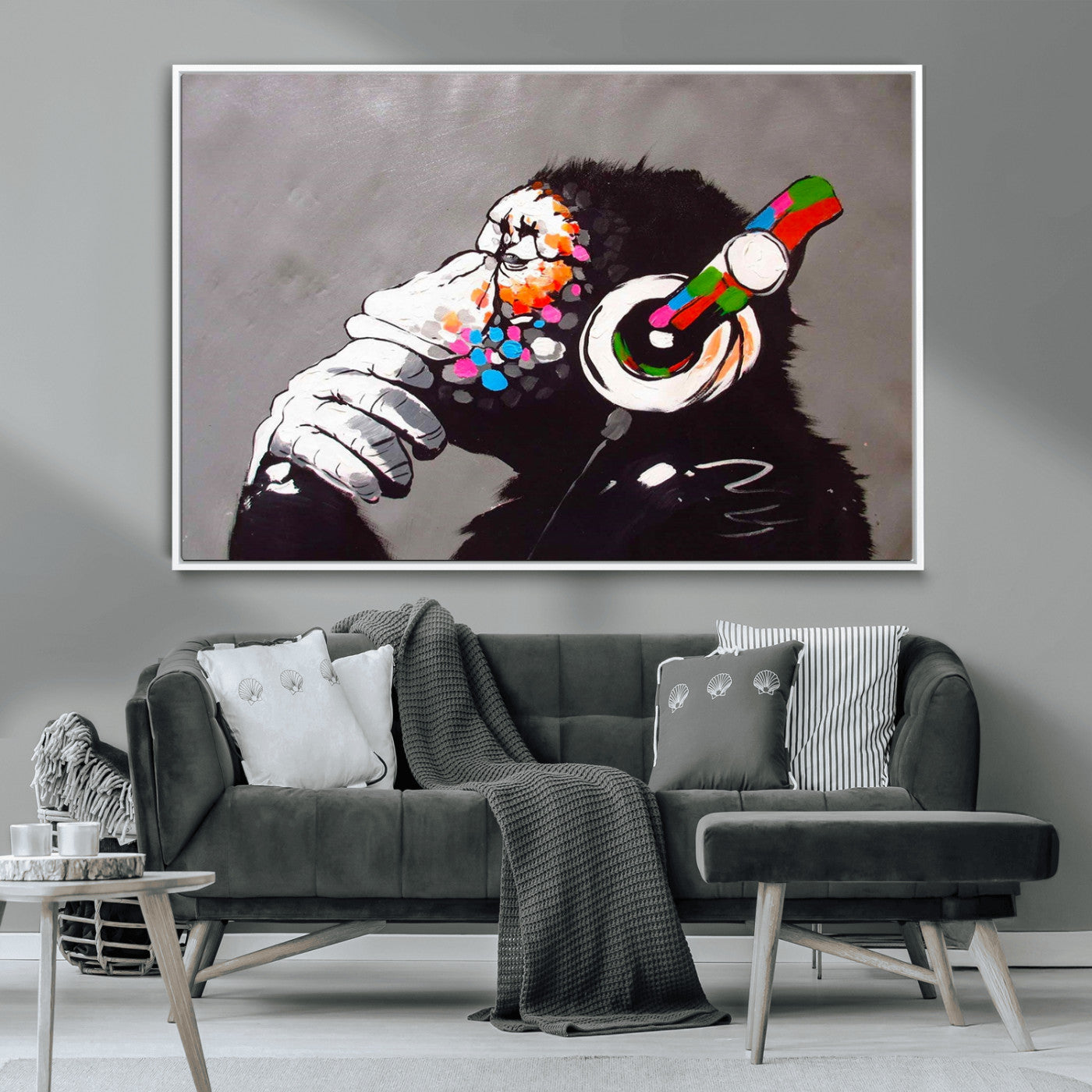 MGV-FC-36X24 - Dj Monkey Listening to Music Wall Art Print | Banksy Monkey Large Canvas Print for Living Room,