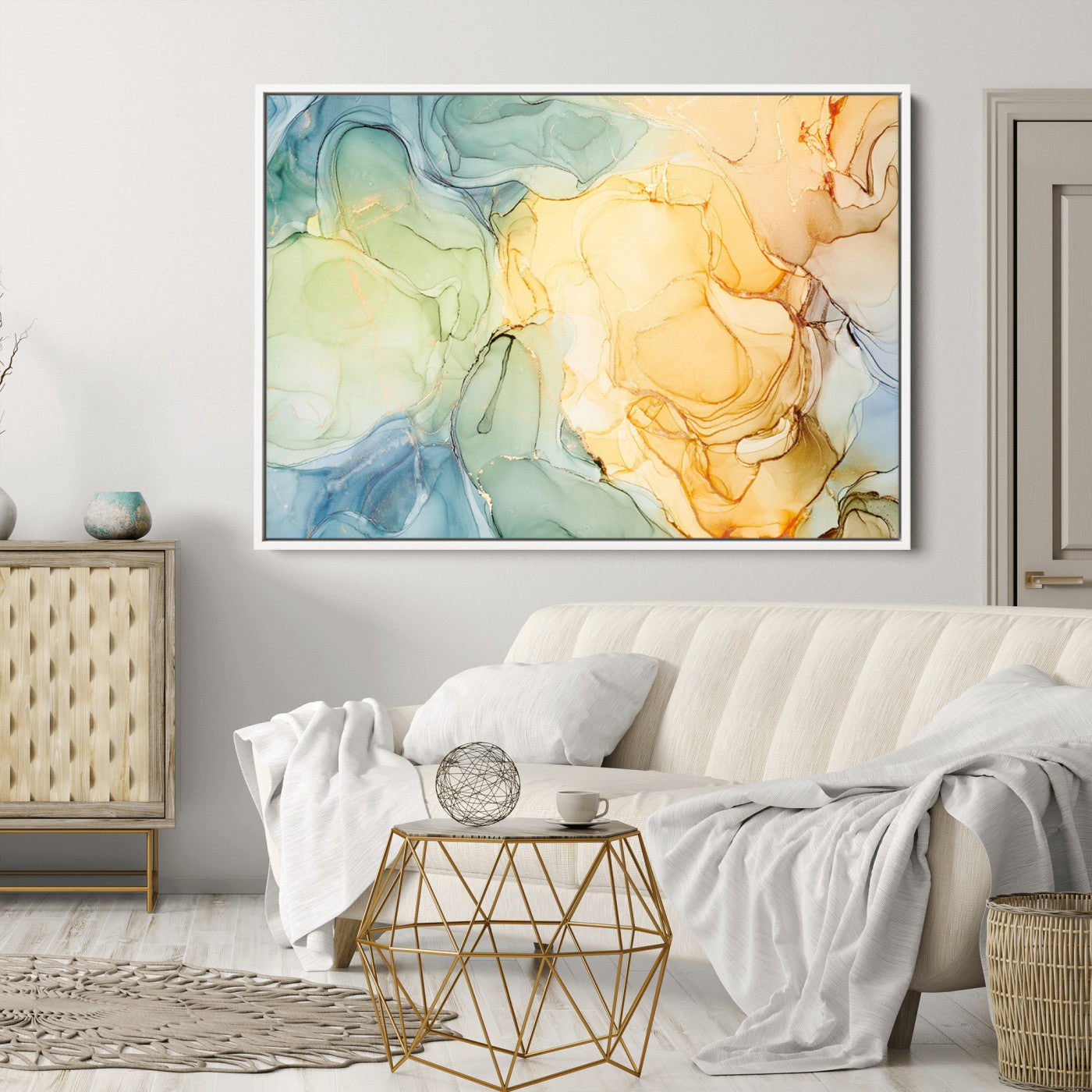 42195-MGV-CV-36X24-Green and Yellow Marble Fluid Effect Wall Art, Green and Yellow Marble Canvas Wall Art Print