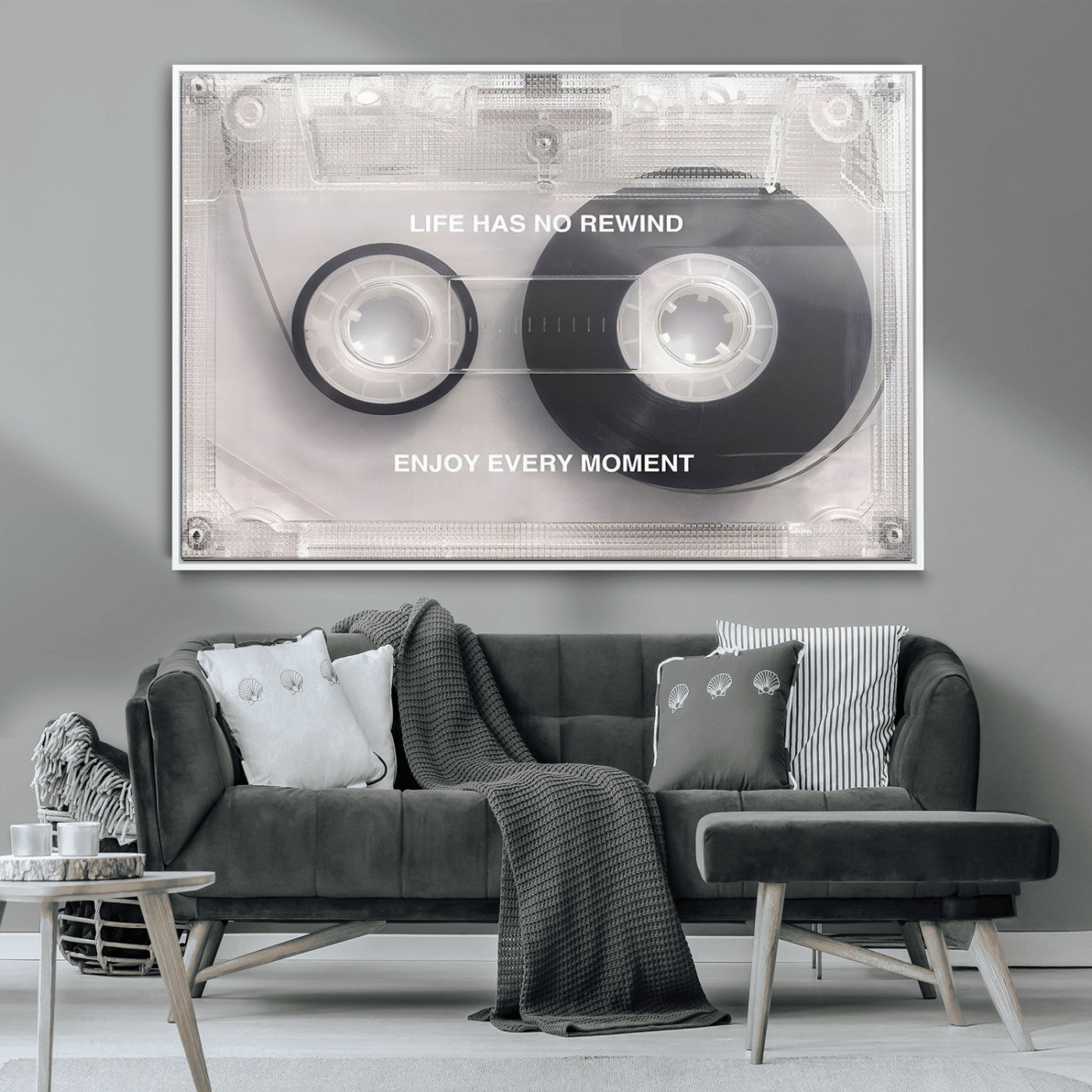 MGV-FC-36X24 - Vintage Cassette Tape Canvas Wall Art - Inspirational 'Life Has No Rewind' Quote, Retro Music Decor
