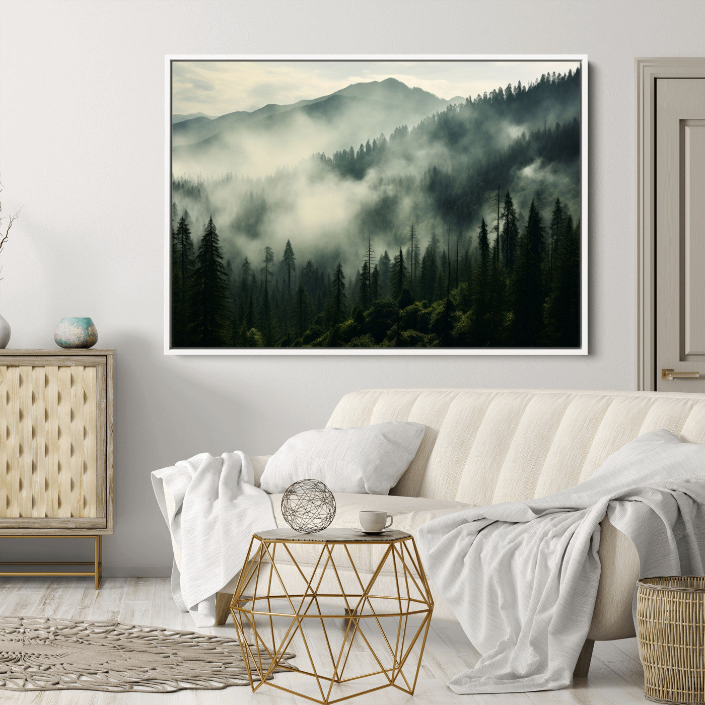 25295-MGV-CV-36X24-Captivating Misty Forest Wall Art Premium Canvas Print a Foggy and Serene Atmosphere