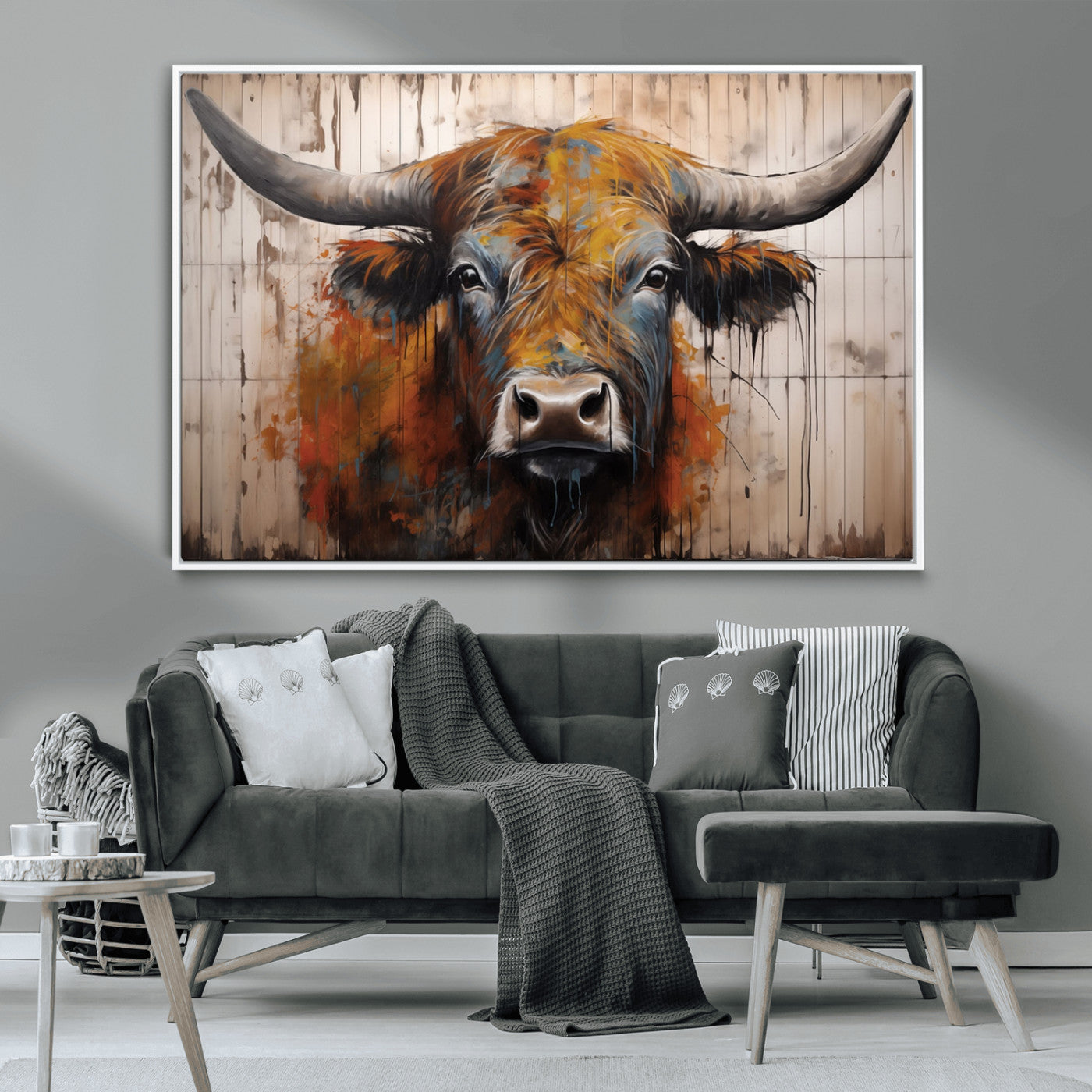 MGV-FC-36X24 - Abstract Bull Highland Cow Canvas Wall Art Print – Vibrant Rustic Charm in Modern Farmhouse Decor –