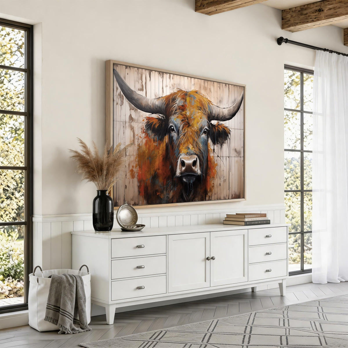 47284-MGV-CV-24X16 - Abstract Bull Highland Cow Canvas Wall Art Print