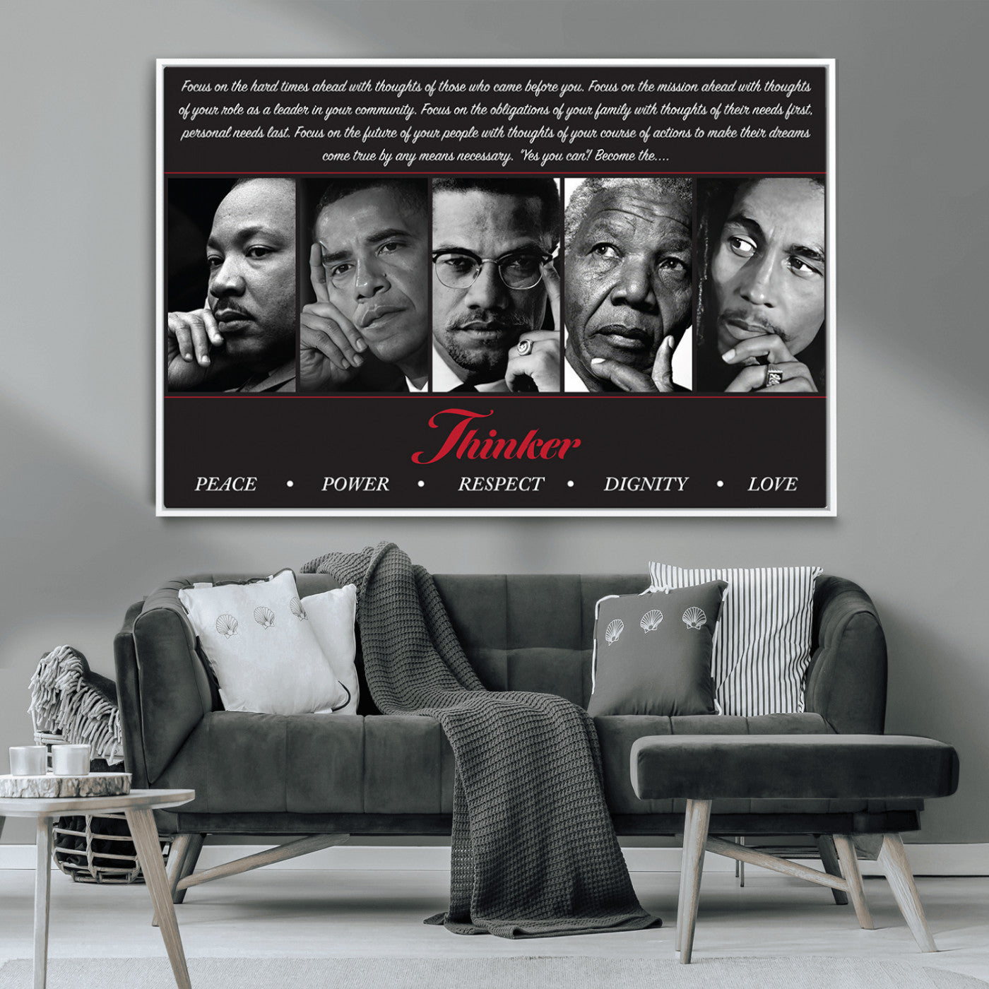 MGV-FC-36X24 - Thinker Quintet Canvas Wall Art – Martin, Obama, Malcolm X, Mandela, Marley Featuring Peace, Power,