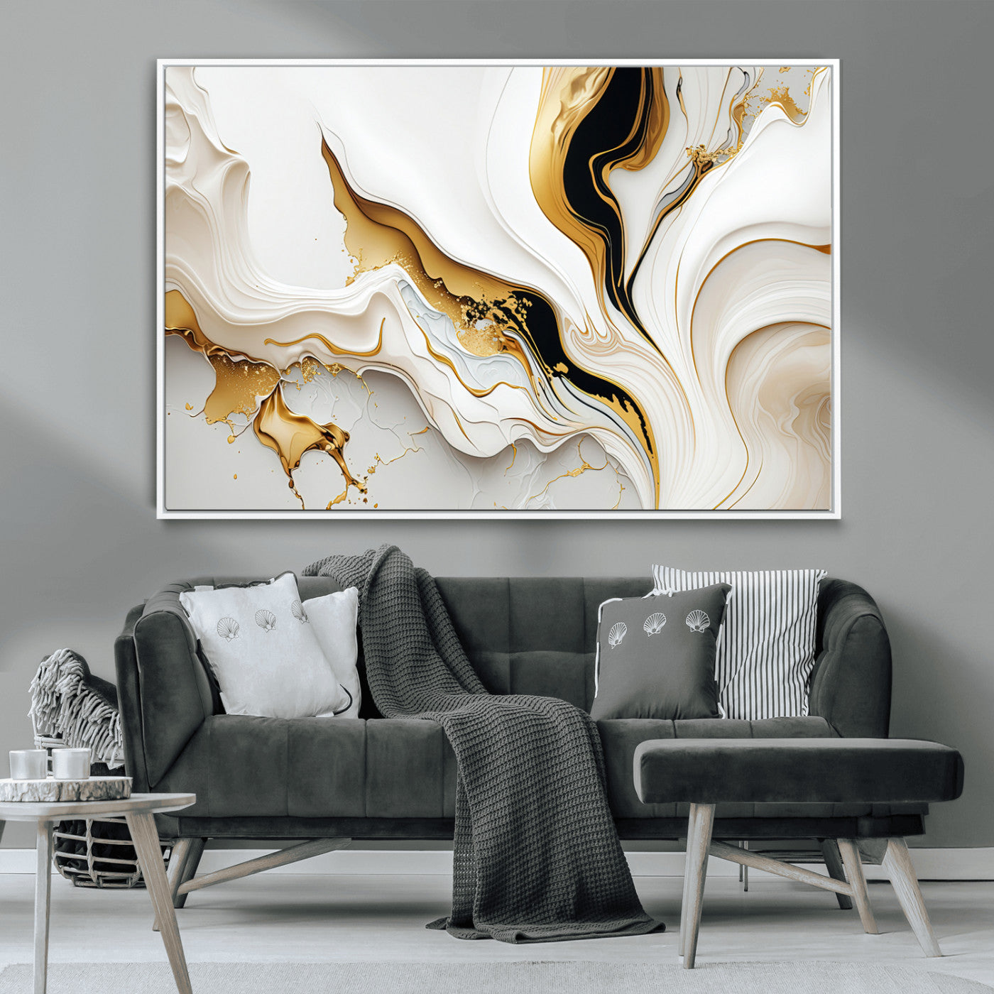 -Gold Waves on Pure White Canvas – Gold Abstract Art for Modern Interiors | Wall Art Canvas, Framed &