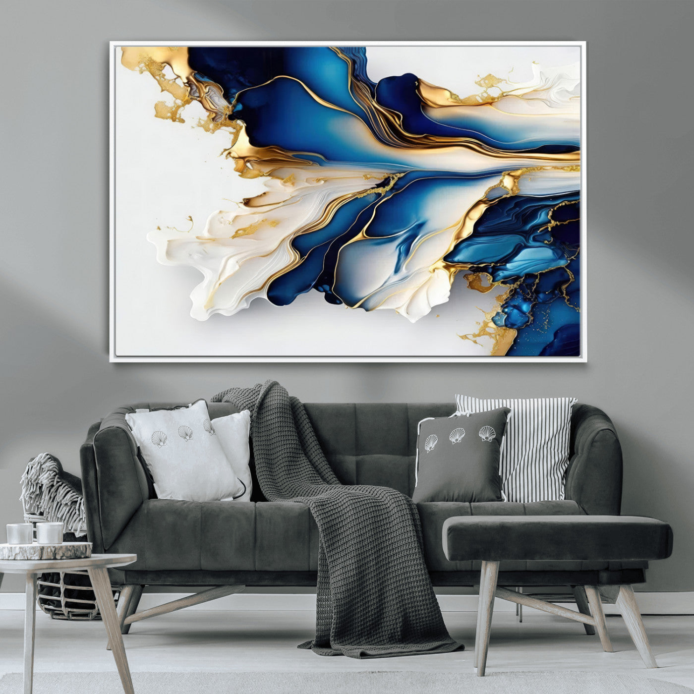 MGV-FC-36X24 - Gold Marble Art - Abstract Geode Gold And Blue Marble Shape 3 Pieces Wall Art Canvas Print
